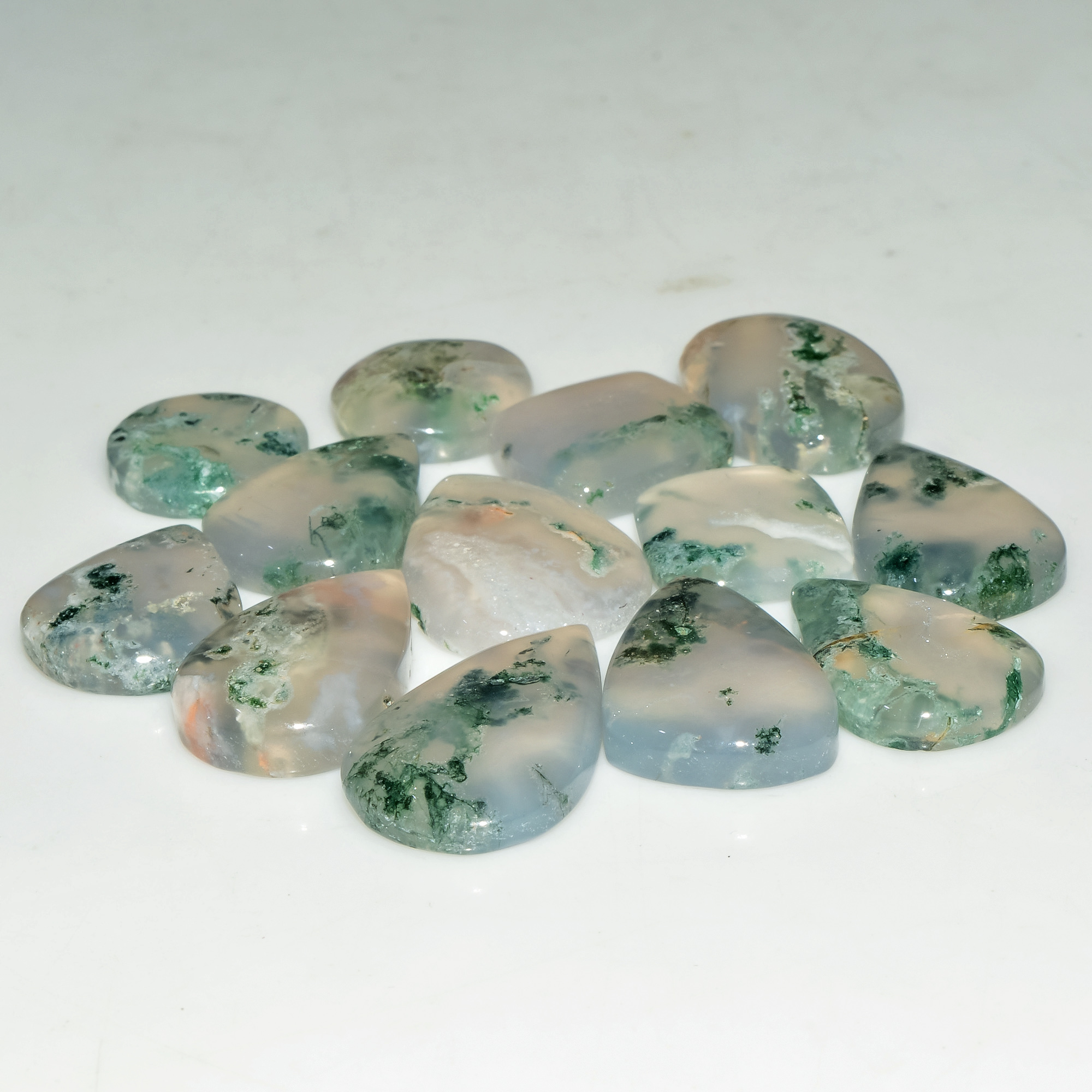 13 Pcs 118 Cts Natural Moss Agate Gemstone Cabochon Lot Green Crystals For Silver Jewelry 24x14 13x13mm 18194