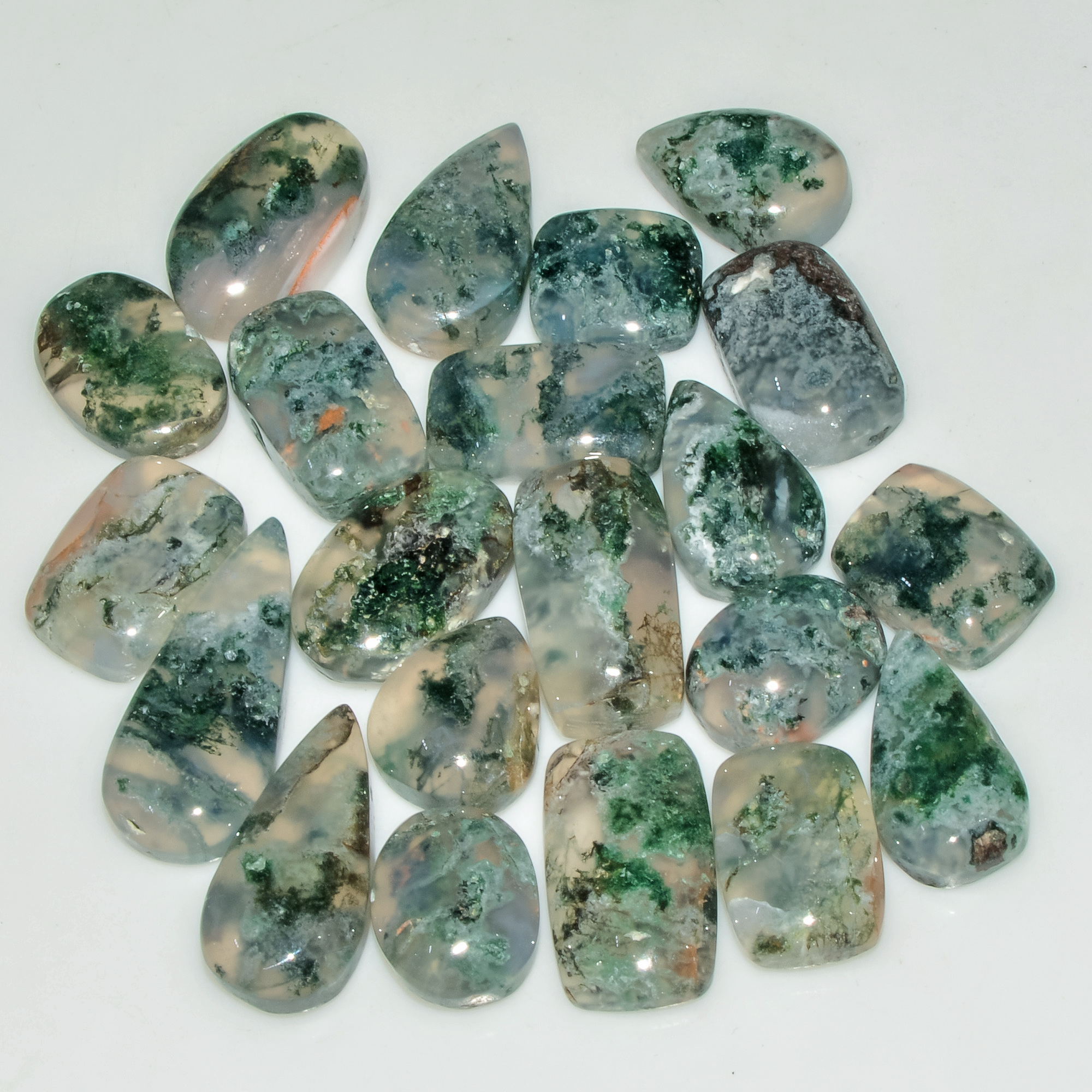 21 Pcs 117 Cts Natural Moss Agate Gemstone Cabochon Lot Green Crystals For Silver Jewelry 21x9 10x10mm 18195