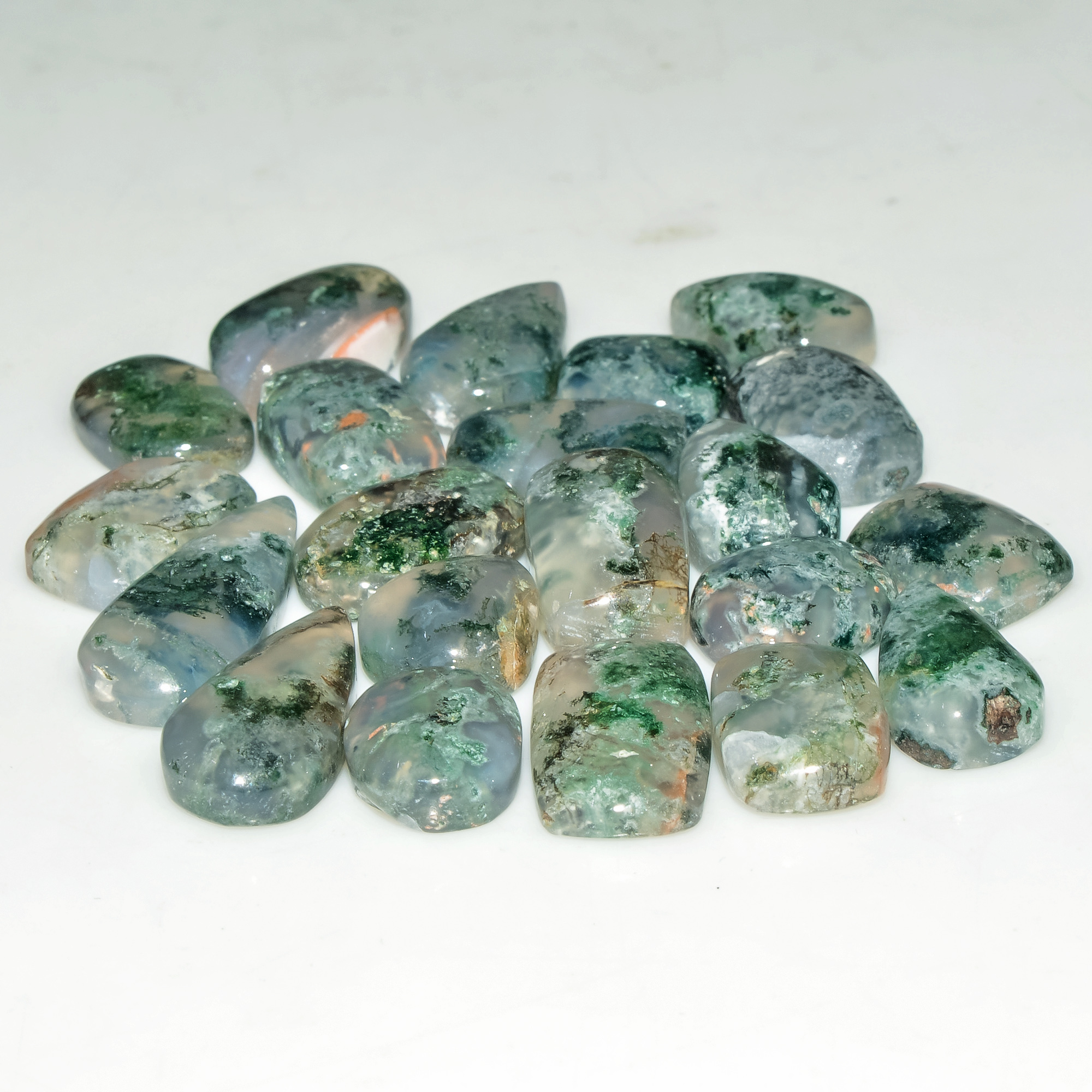 21 Pcs 117 Cts Natural Moss Agate Gemstone Cabochon Lot Green Crystals For Silver Jewelry 21x9 10x10mm 18195