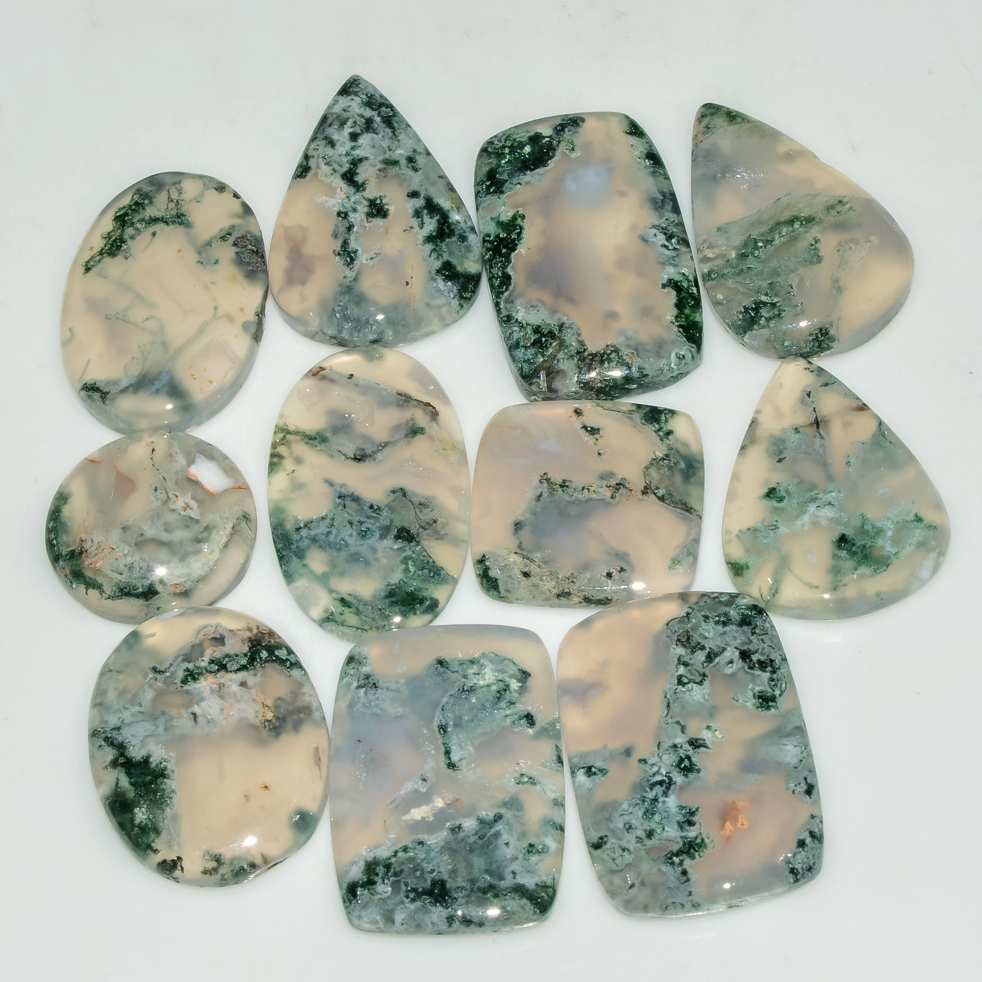 11 Pcs 182 Cts Natural Moss Agate Gemstone Cabochon Lot Green Crystals For Silver Jewelry 26x18 16x16mm 18196
