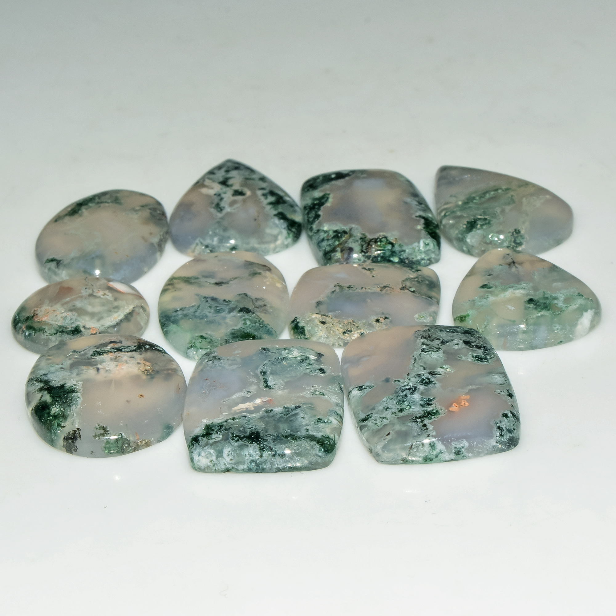 11 Pcs 182 Cts Natural Moss Agate Gemstone Cabochon Lot Green Crystals For Silver Jewelry 26x18 16x16mm 18196