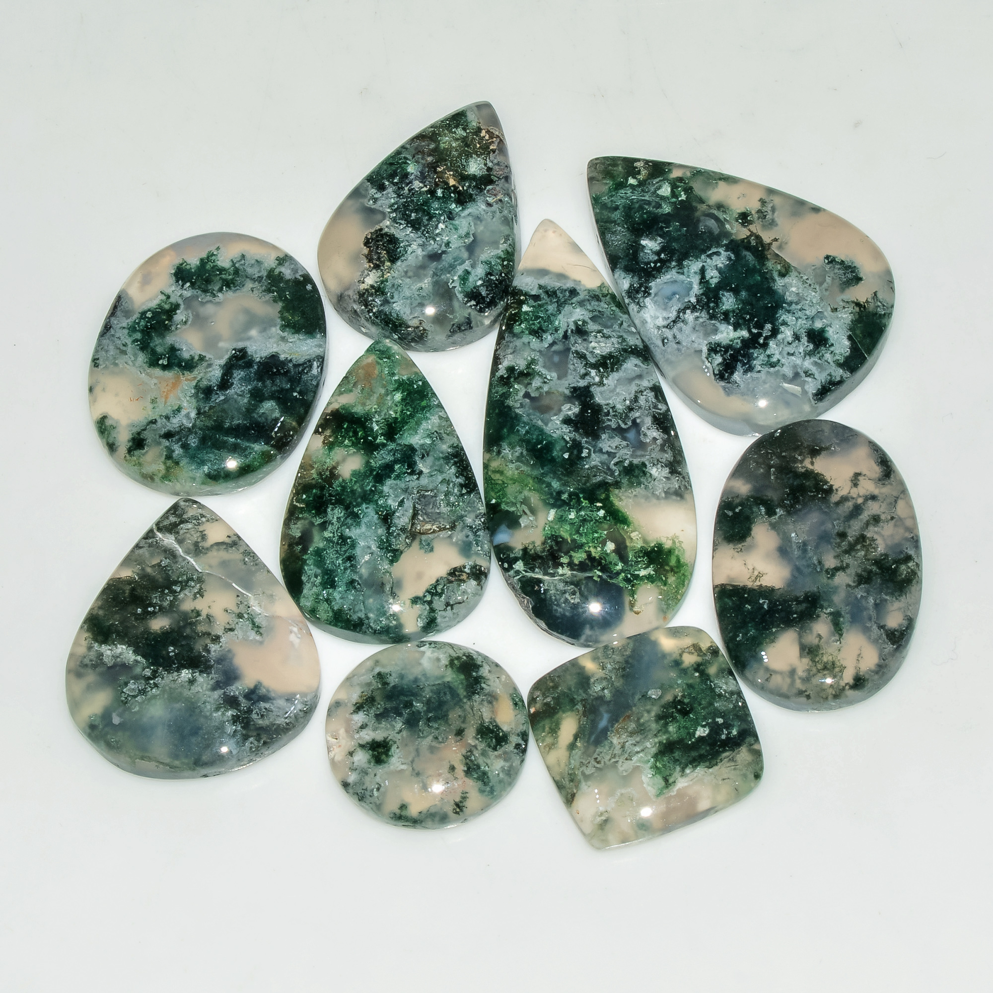 8 Pcs 168 Cts Natural Moss Agate Gemstone Cabochon Lot Green Crystals For Silver Jewelry 39x16 15x15mm 18197