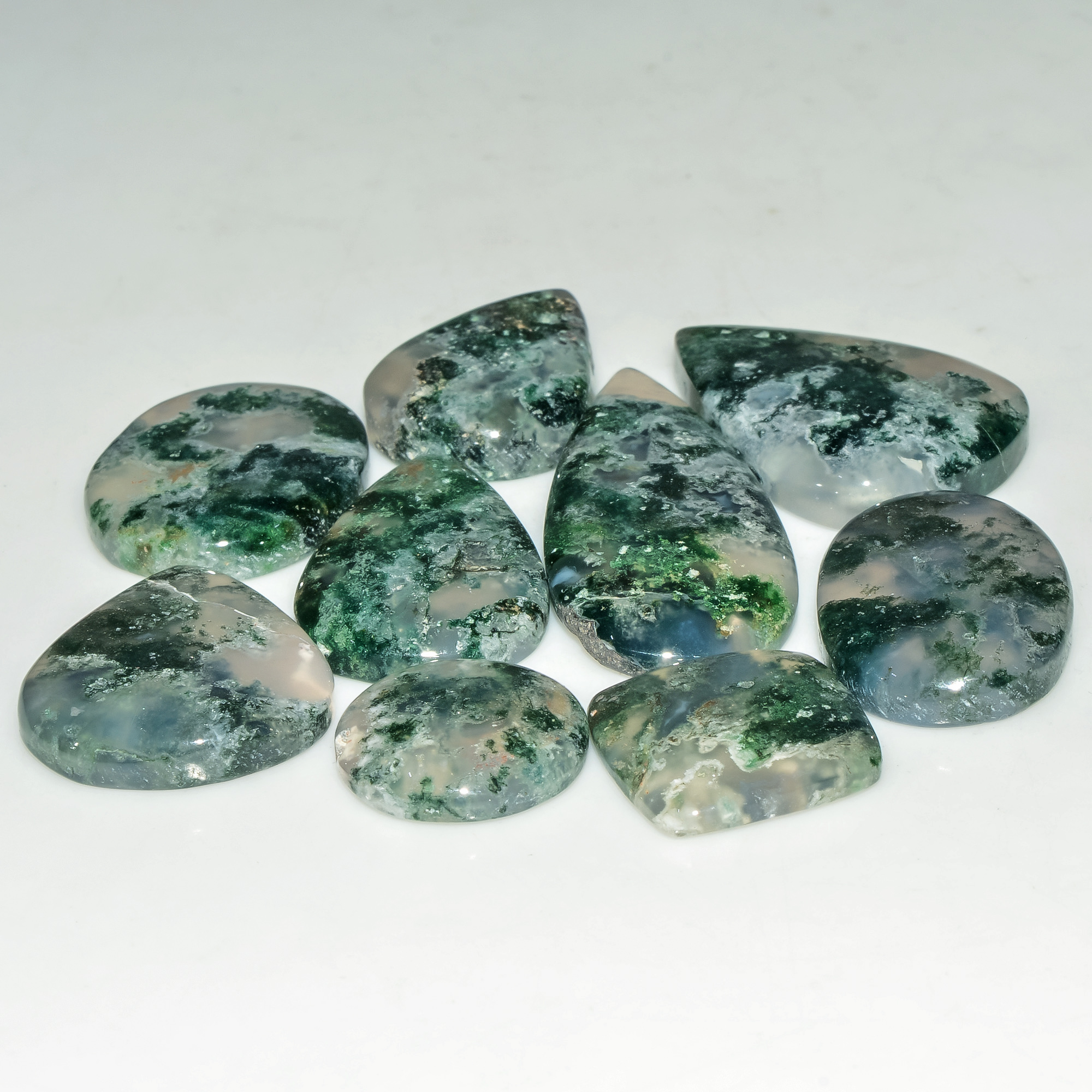 8 Pcs 168 Cts Natural Moss Agate Gemstone Cabochon Lot Green Crystals For Silver Jewelry 39x16 15x15mm 18197