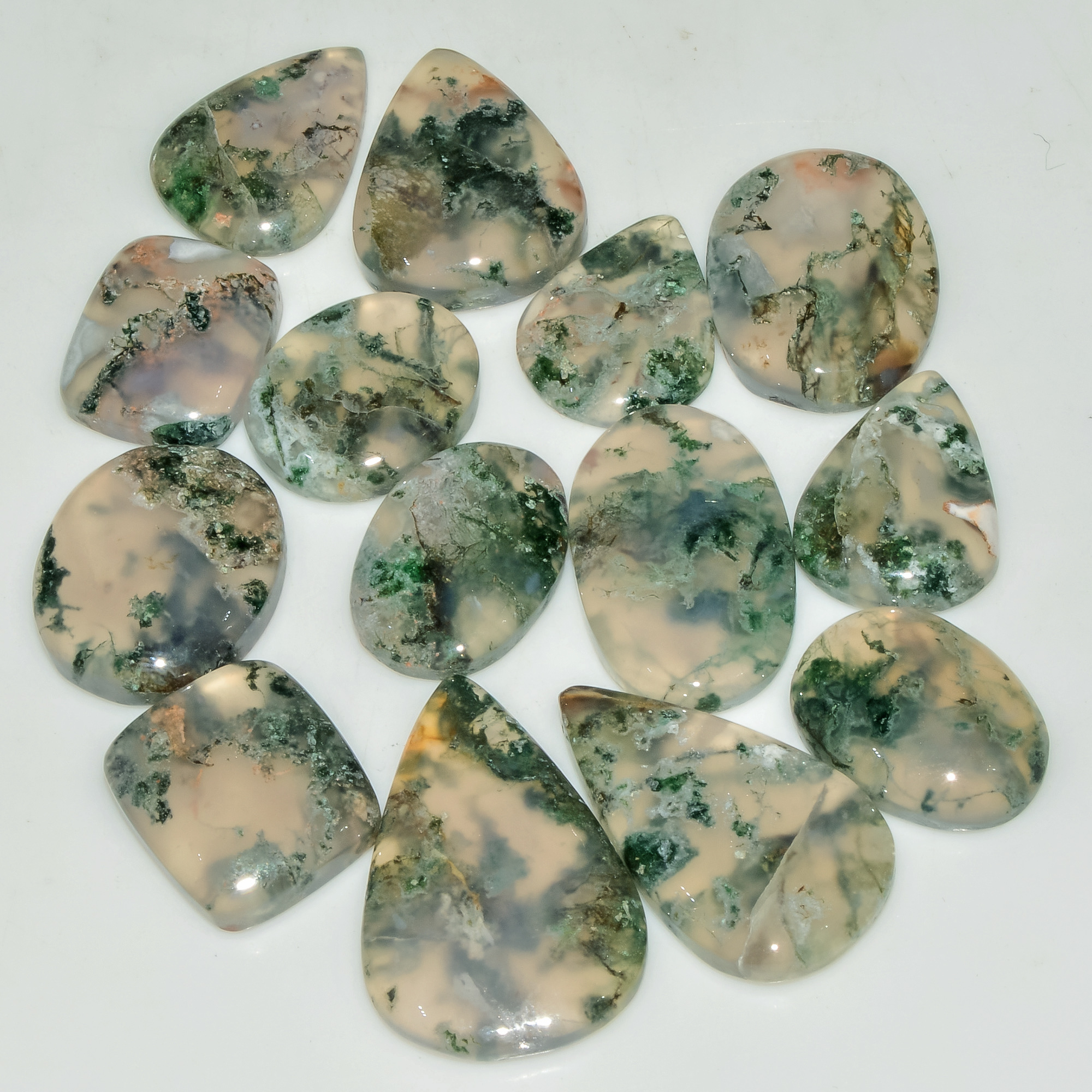 14 Pcs 195 Cts Natural Moss Agate Gemstone Cabochon Lot Green Crystals For Silver Jewelry 29x19 18x14mm 18198
