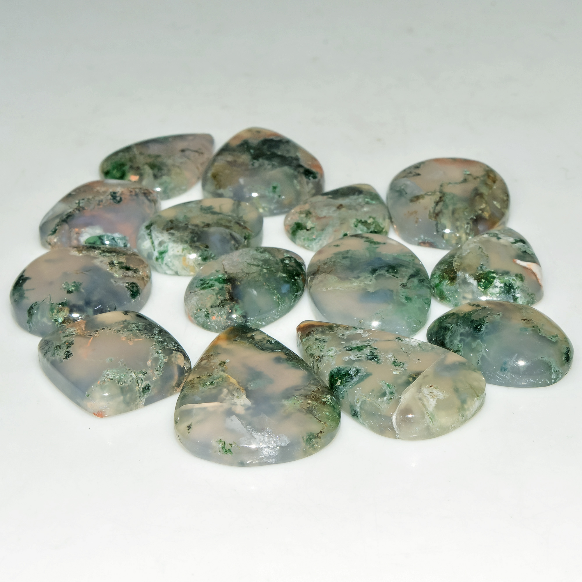 14 Pcs 195 Cts Natural Moss Agate Gemstone Cabochon Lot Green Crystals For Silver Jewelry 29x19 18x14mm 18198