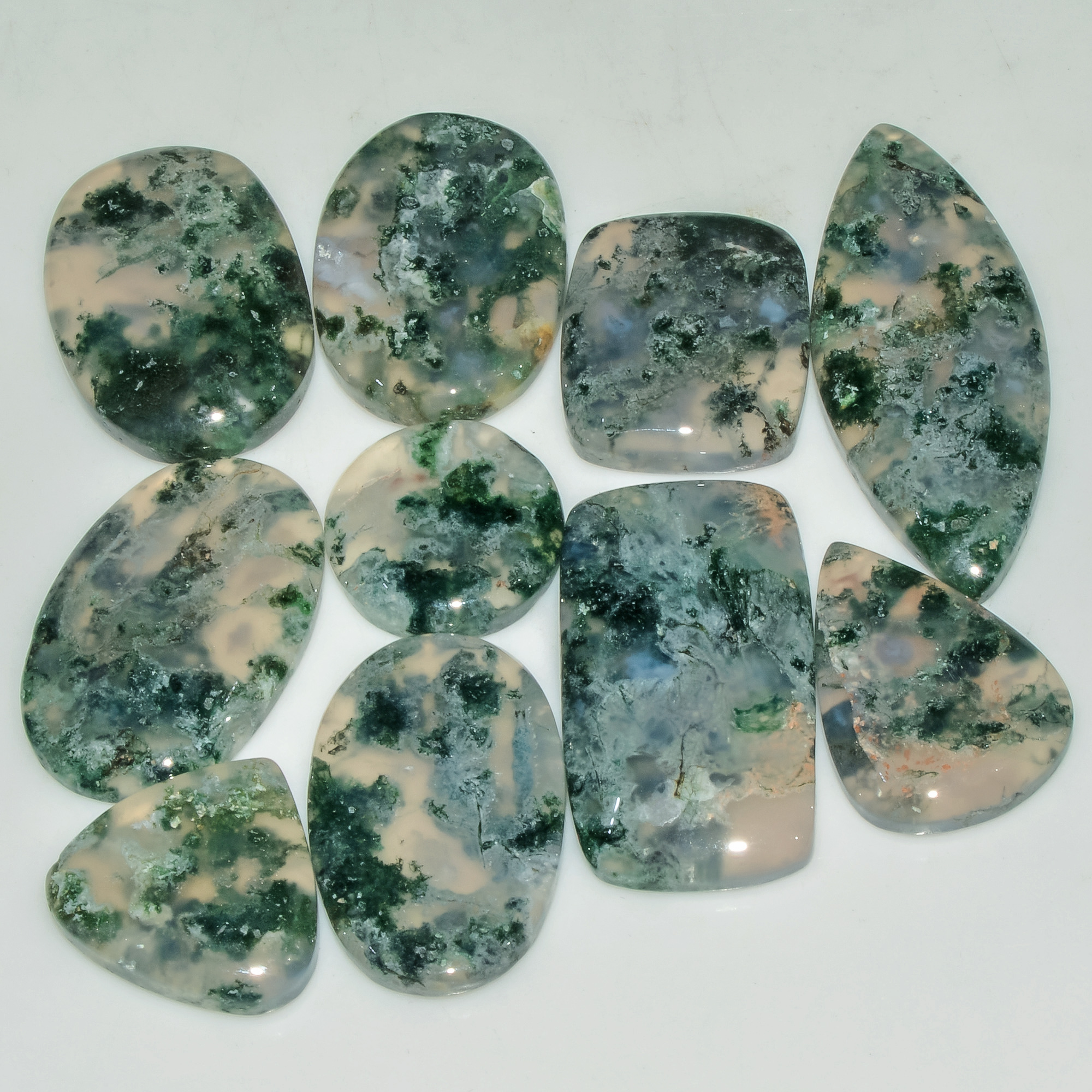 10 Pcs 177 Cts Natural Moss Agate Gemstone Cabochon Lot Green Crystals For Silver Jewelry 37x15 15x15mm 18199