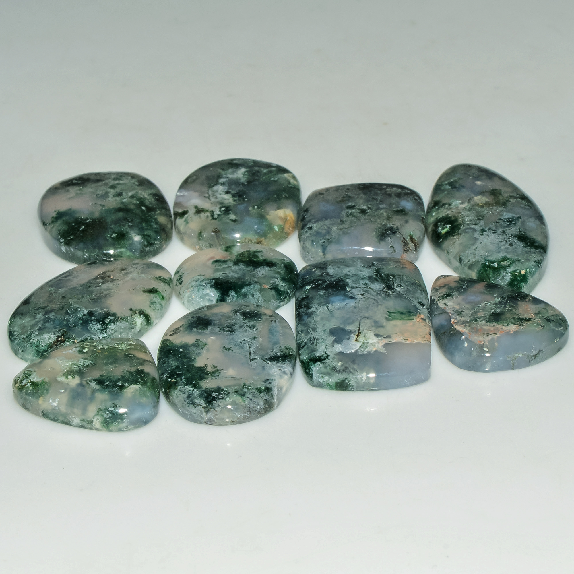 10 Pcs 177 Cts Natural Moss Agate Gemstone Cabochon Lot Green Crystals For Silver Jewelry 37x15 15x15mm 18199