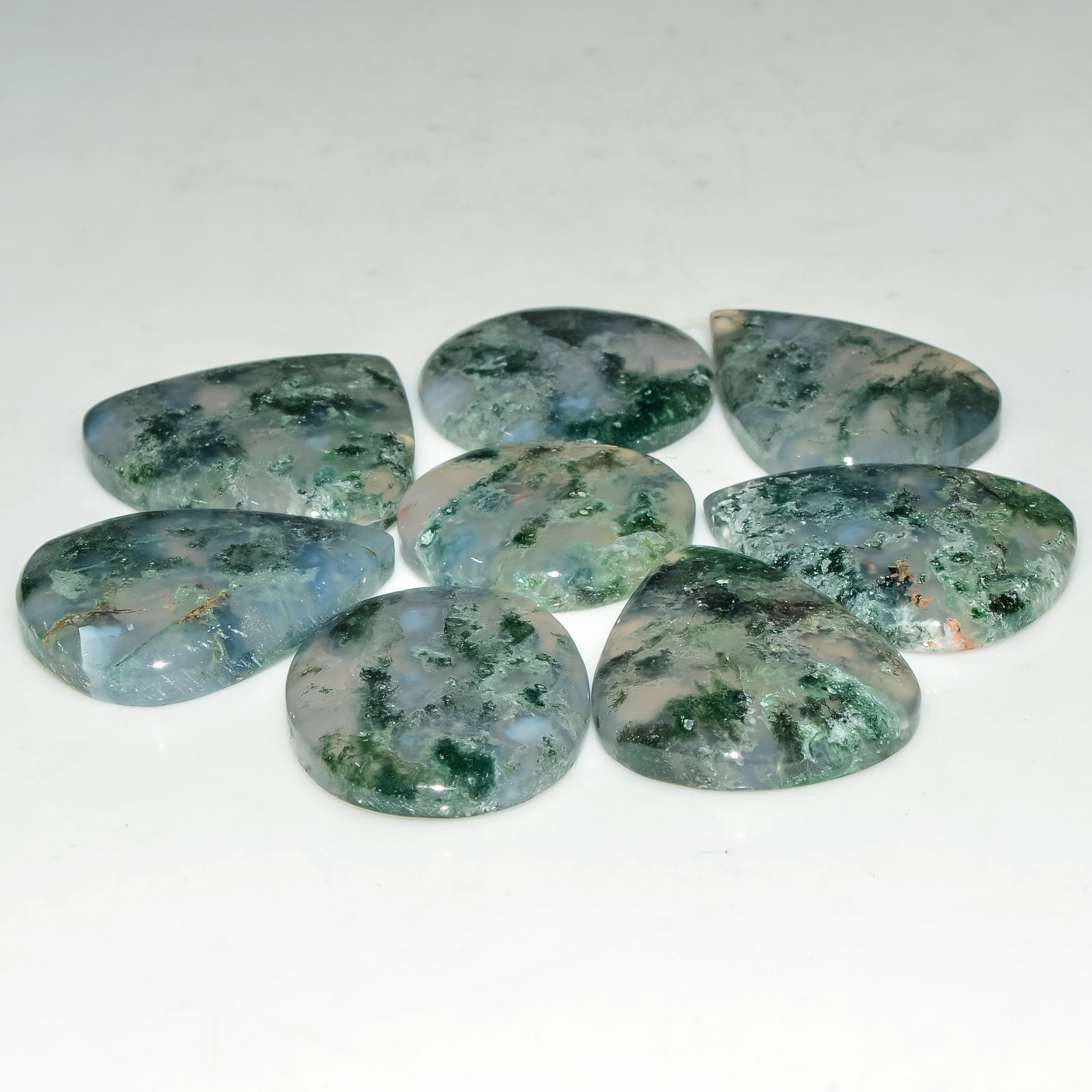 8 Pcs 177 Cts Natural Moss Agate Gemstone Cabochon Lot Green Crystals For Silver Jewelry 28x25 21x21mm 18200