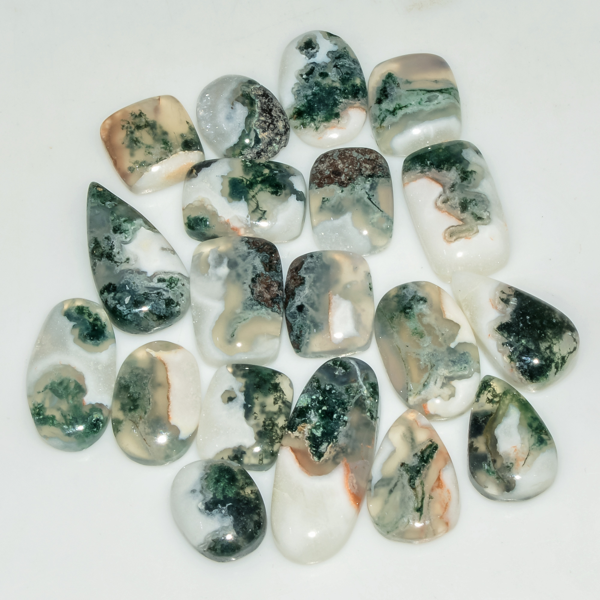 19 Pcs 92 Cts Natural Moss Agate Gemstone Cabochon Lot Green Crystals For Silver Jewelry 20x9 10x9mm 18201