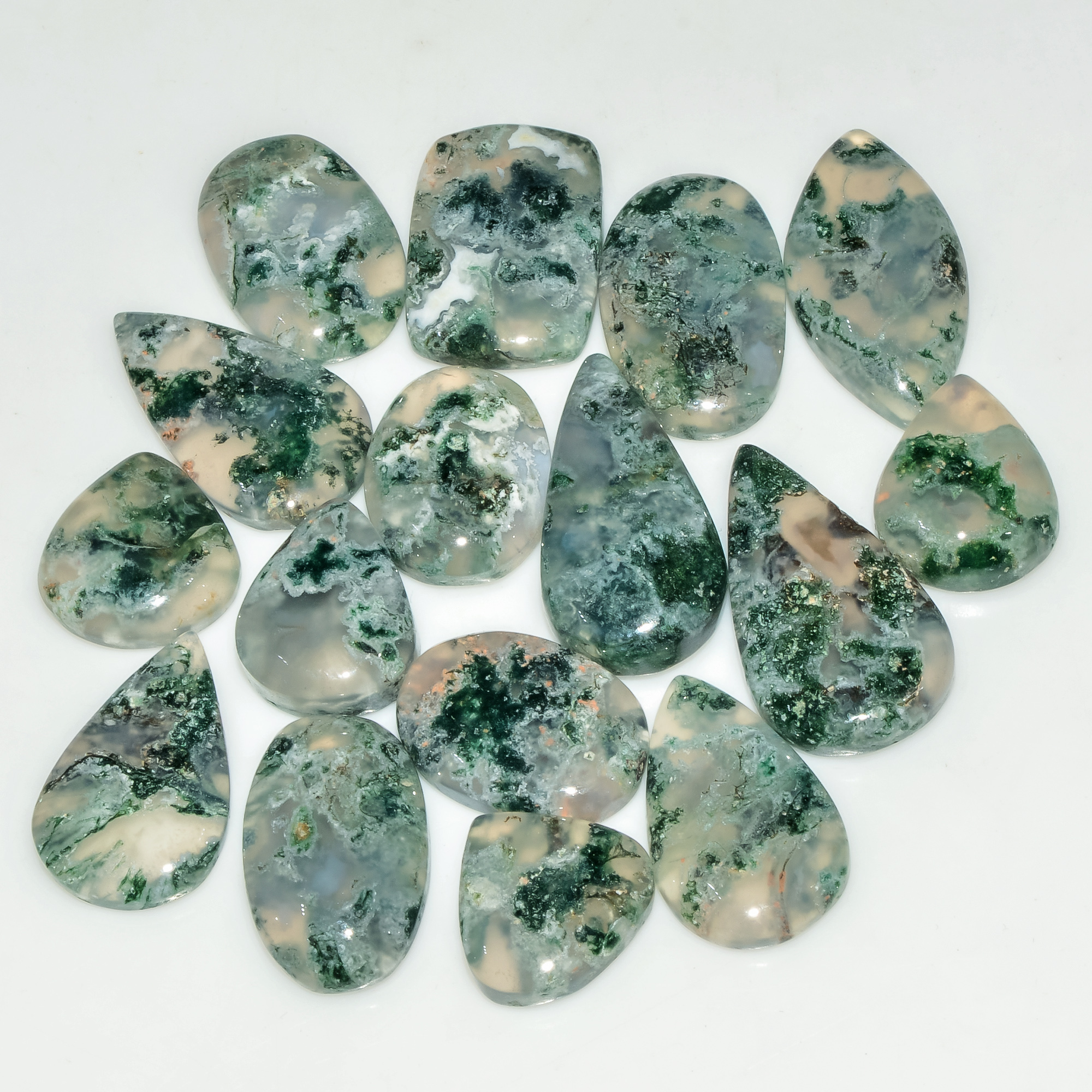16 Pcs 142 Cts Natural Moss Agate Gemstone Cabochon Lot Green Crystals For Silver Jewelry 22x11 12x11mm 18202
