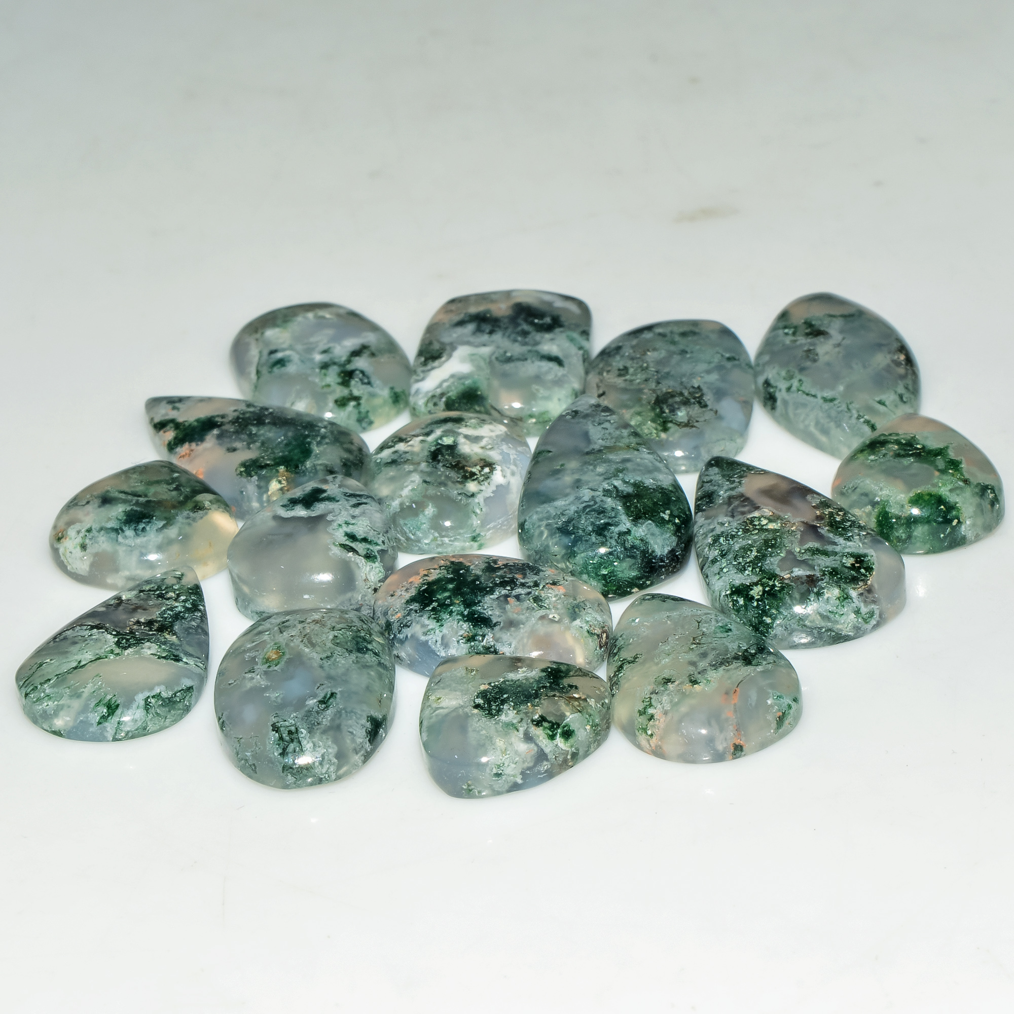 16 Pcs 142 Cts Natural Moss Agate Gemstone Cabochon Lot Green Crystals For Silver Jewelry 22x11 12x11mm 18202