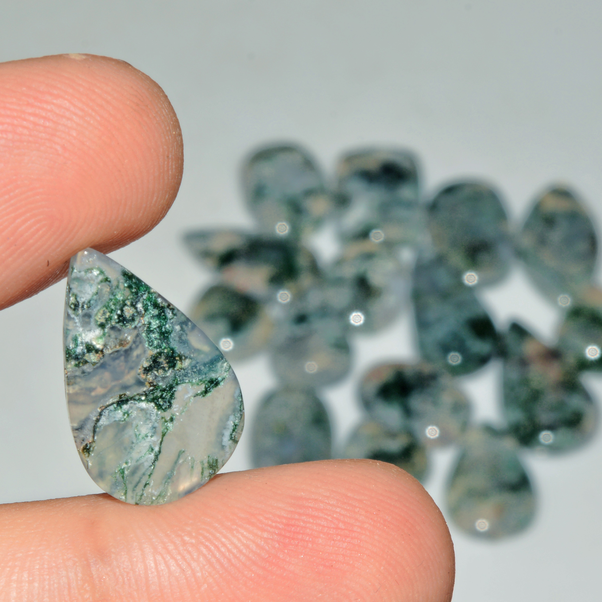 16 Pcs 142 Cts Natural Moss Agate Gemstone Cabochon Lot Green Crystals For Silver Jewelry 22x11 12x11mm 18202