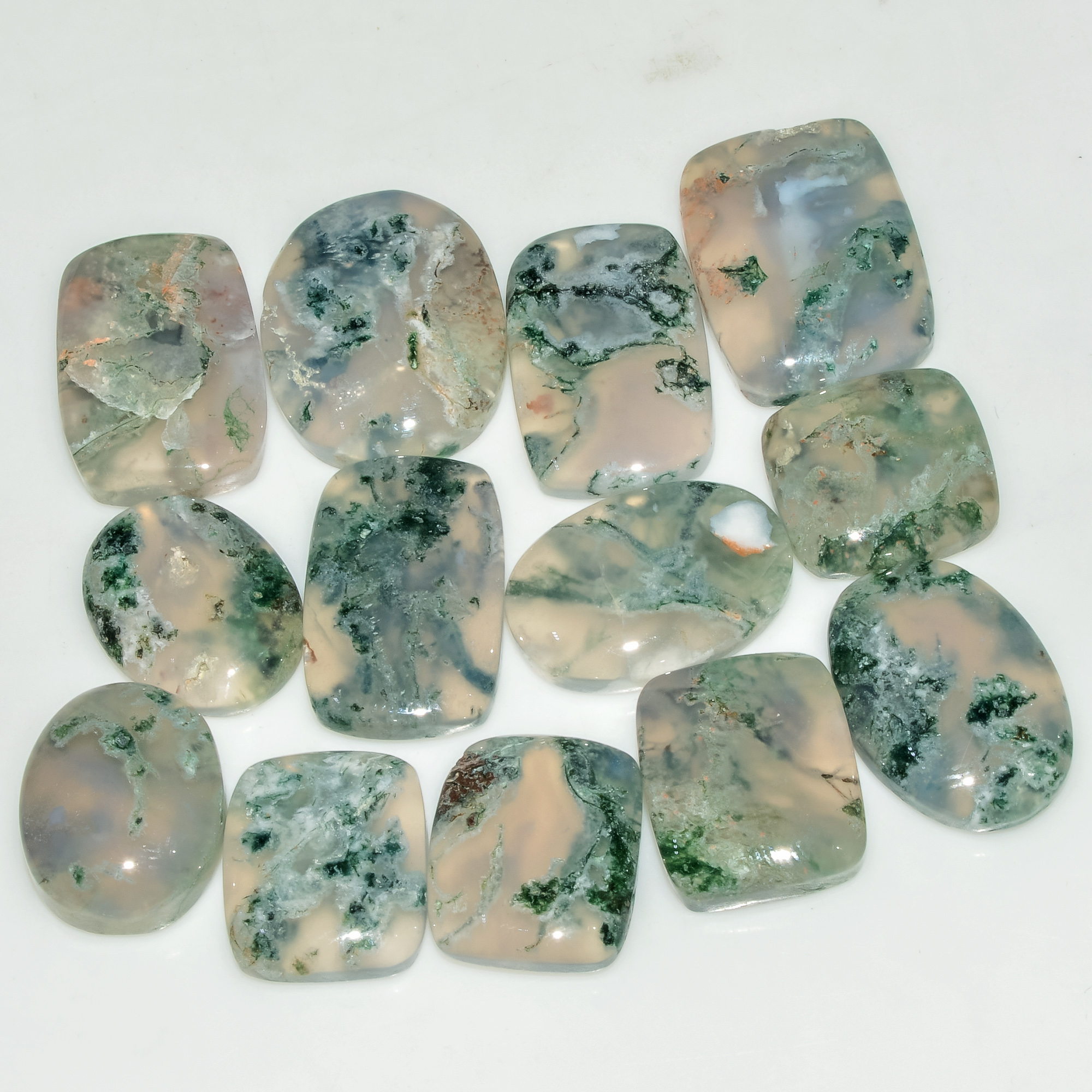 13 Pcs 152 Cts Natural Moss Agate Gemstone Cabochon Lot Green Crystals For Silver Jewelry 20x15 14x12mm 18203