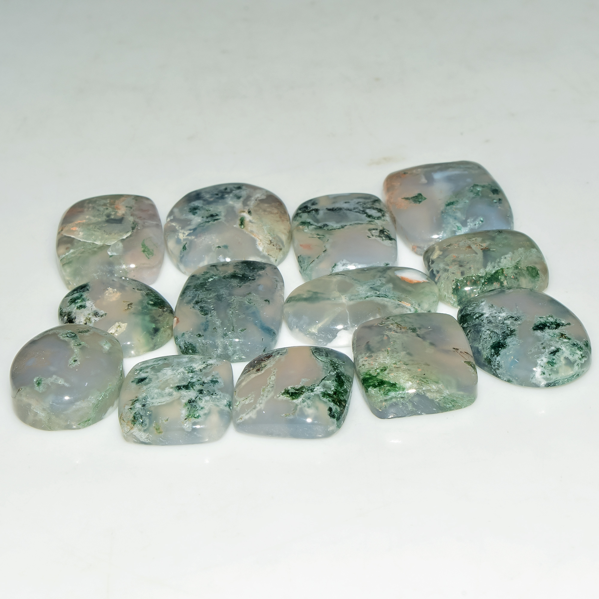 13 Pcs 152 Cts Natural Moss Agate Gemstone Cabochon Lot Green Crystals For Silver Jewelry 20x15 14x12mm 18203