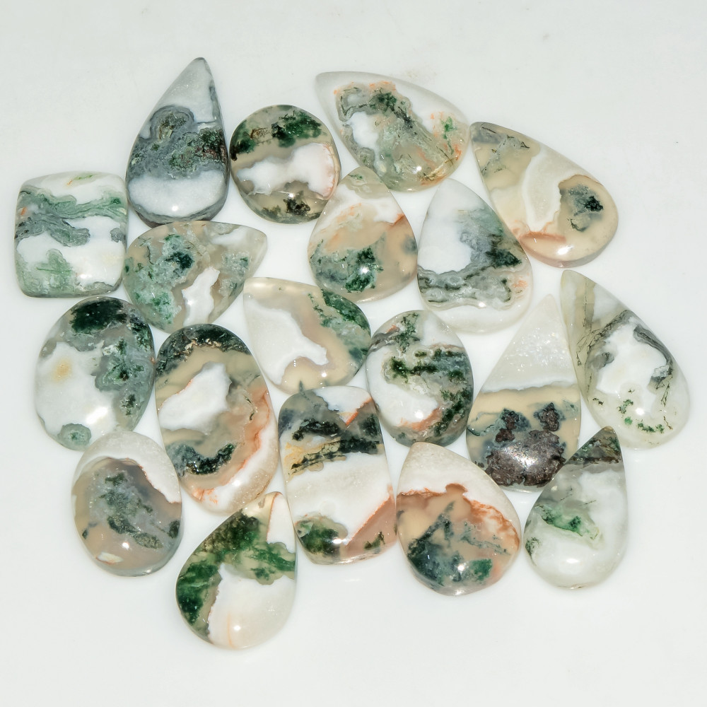 Image of 19 Pcs 134 Cts Natural Moss Agate Gemstone Cabochon Lot Green Crystals For Silver Jewelry 20x10 12x10mm #18204