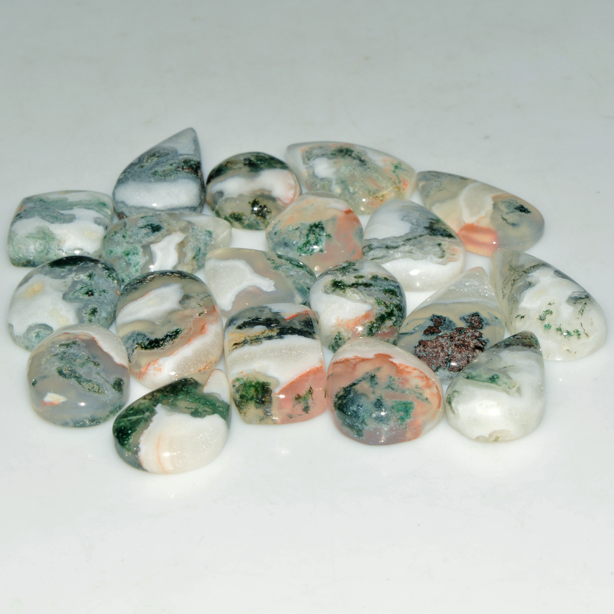 19 Pcs 134 Cts Natural Moss Agate Gemstone Cabochon Lot Green Crystals For Silver Jewelry 20x10 12x10mm 18204