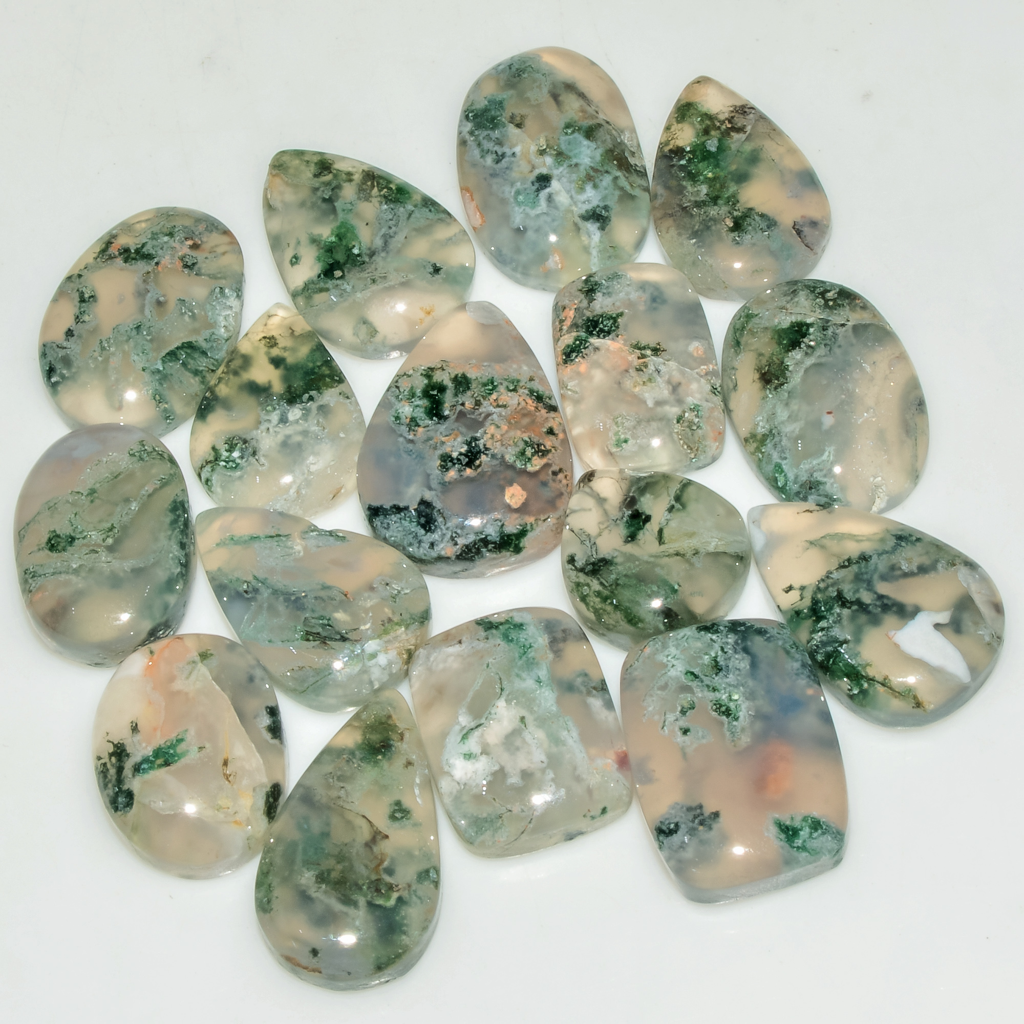 16 Pcs 128 Cts Natural Moss Agate Gemstone Cabochon Lot Green Crystals For Silver Jewelry 18x11 10x10mm 18205