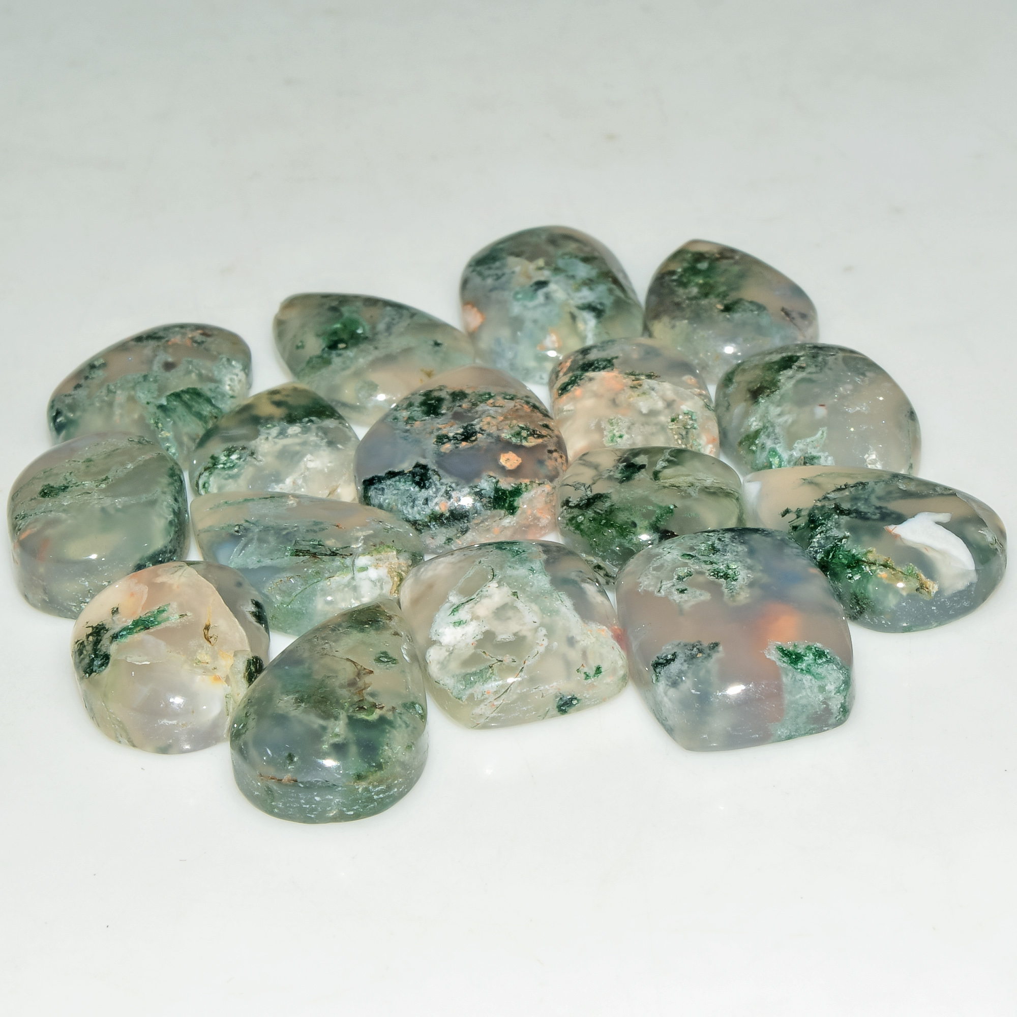 16 Pcs 128 Cts Natural Moss Agate Gemstone Cabochon Lot Green Crystals For Silver Jewelry 18x11 10x10mm 18205