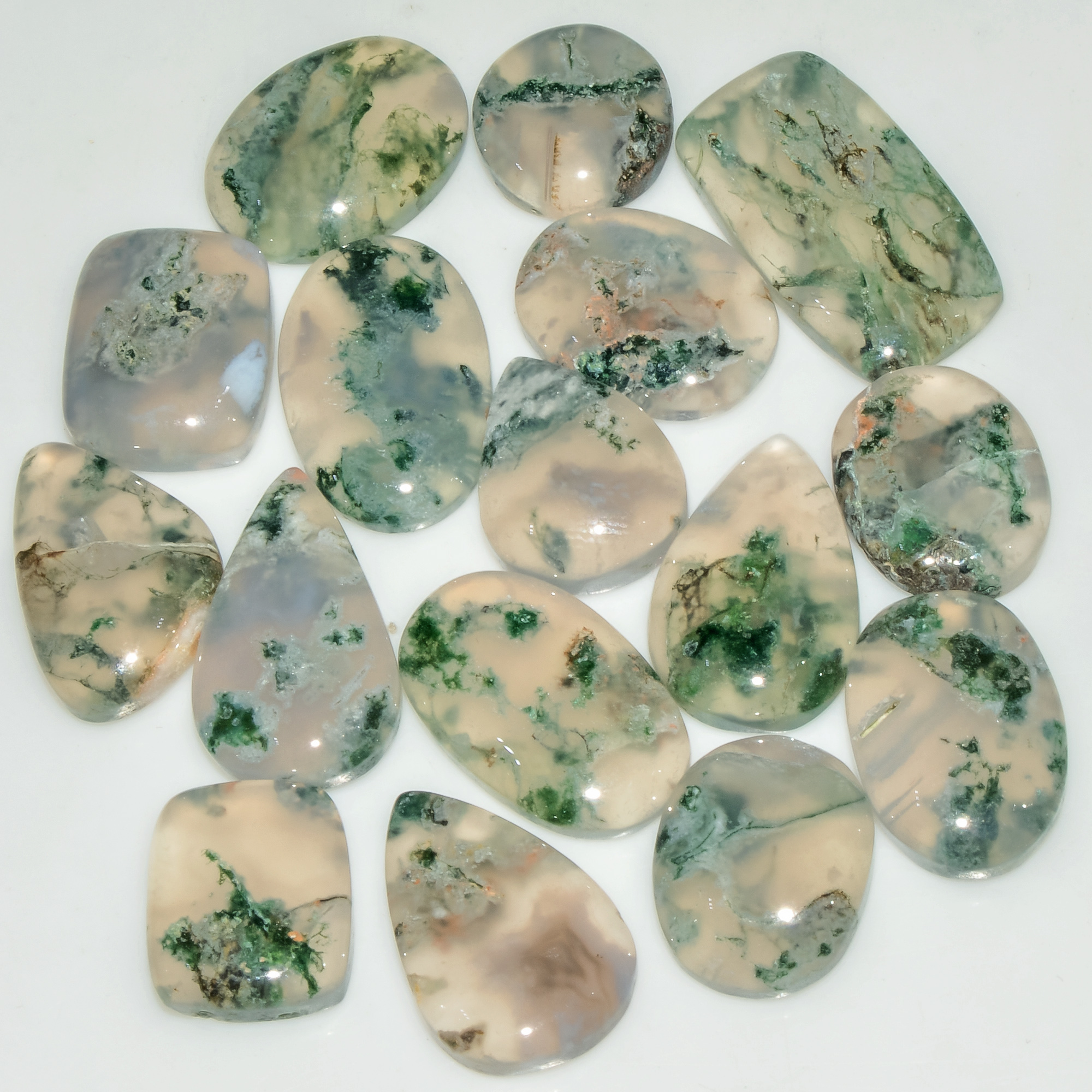 16 Pcs 134 Cts Natural Moss Agate Gemstone Cabochon Lot Green Crystals For Silver Jewelry 20x10 12x10mm 18206