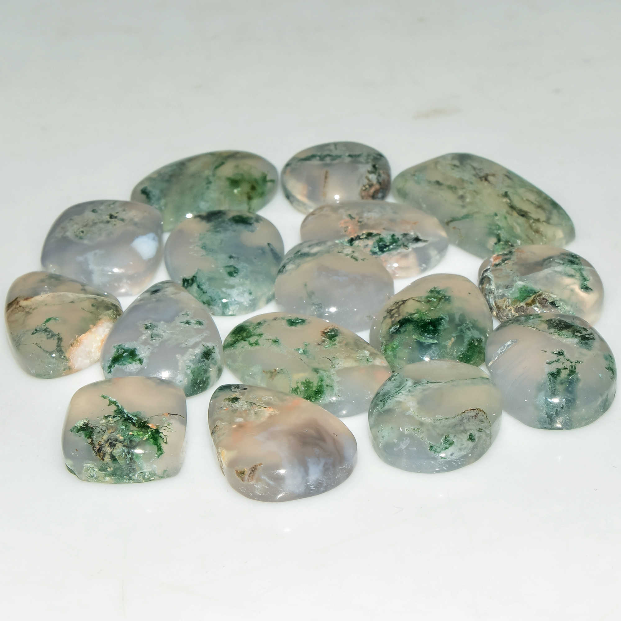 16 Pcs 134 Cts Natural Moss Agate Gemstone Cabochon Lot Green Crystals For Silver Jewelry 20x10 12x10mm 18206