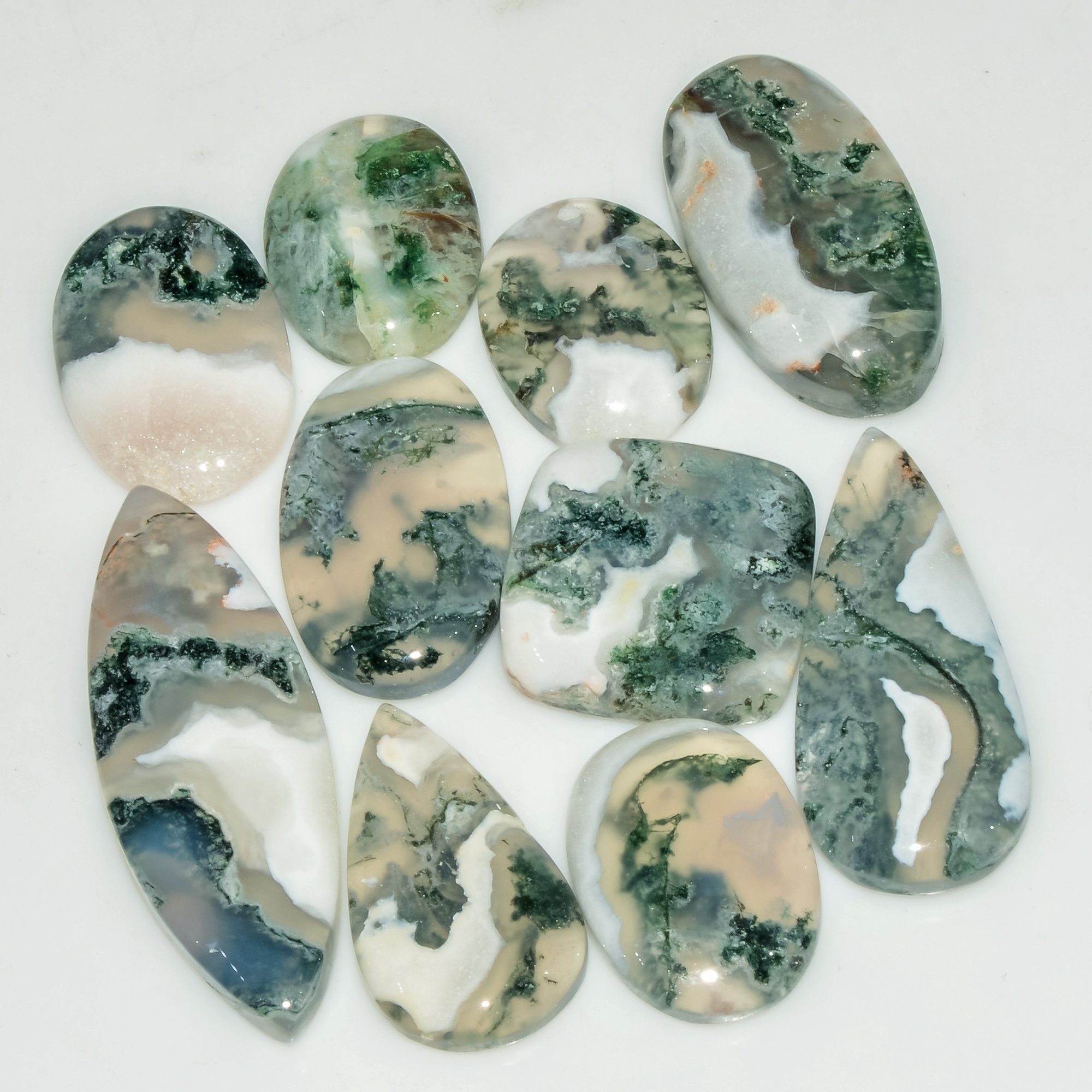 10 Pcs 129 Cts Natural Moss Agate Gemstone Cabochon Lot Green Crystals For Silver Jewelry 35x12 15x11mm 18207