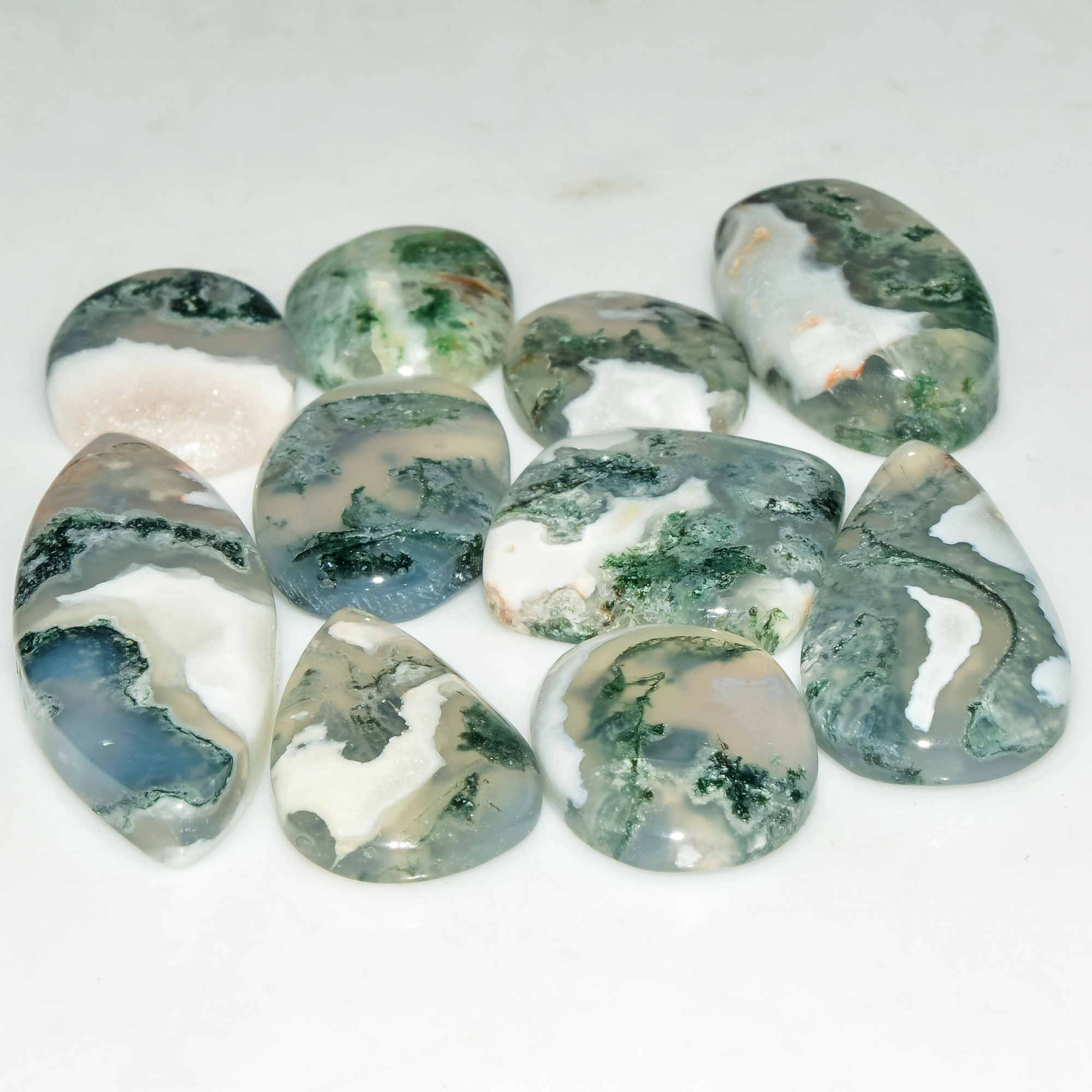 10 Pcs 129 Cts Natural Moss Agate Gemstone Cabochon Lot Green Crystals For Silver Jewelry 35x12 15x11mm 18207