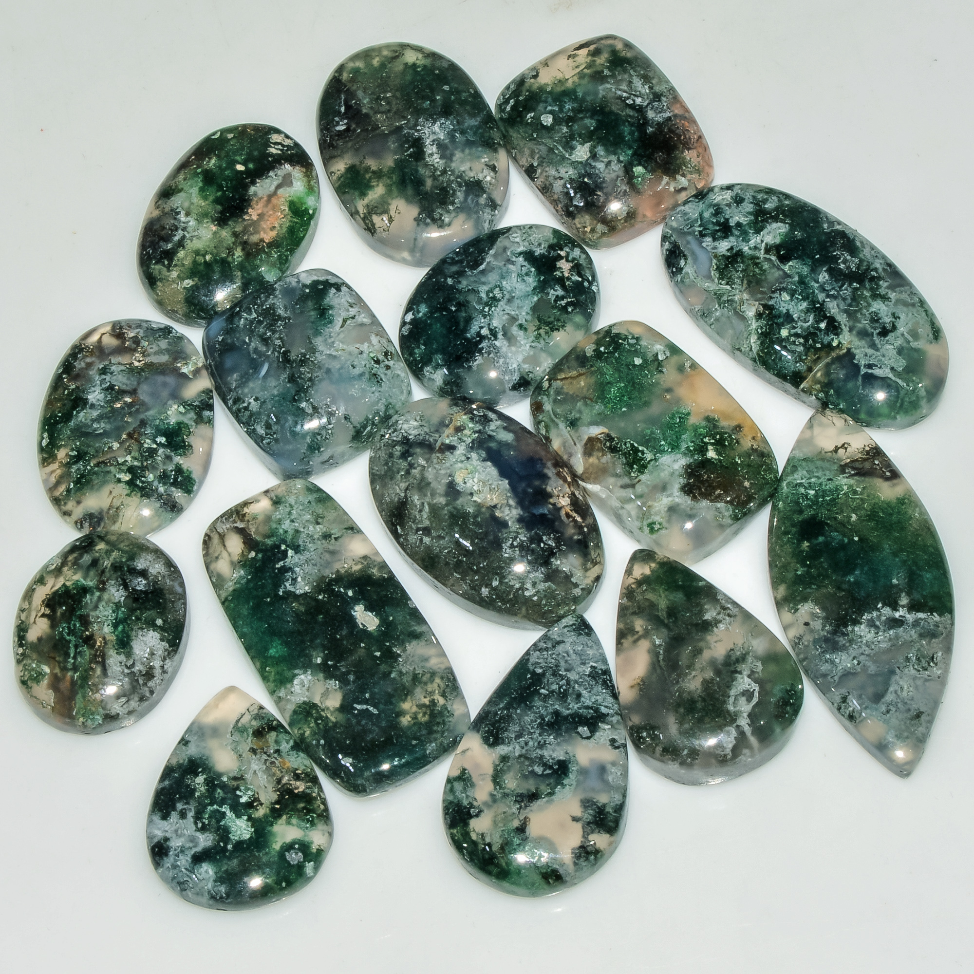 15 Pcs 170 Cts Natural Moss Agate Gemstone Cabochon Lot Green Crystals For Silver Jewelry 30x11 14x12mm 18208