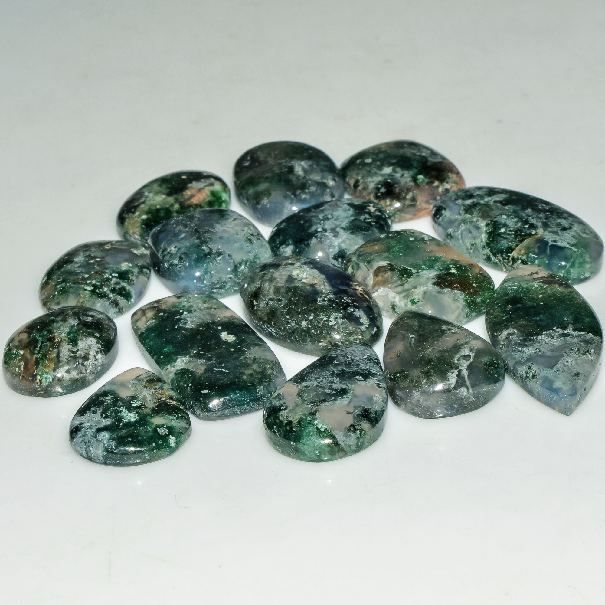 15 Pcs 170 Cts Natural Moss Agate Gemstone Cabochon Lot Green Crystals For Silver Jewelry 30x11 14x12mm 18208
