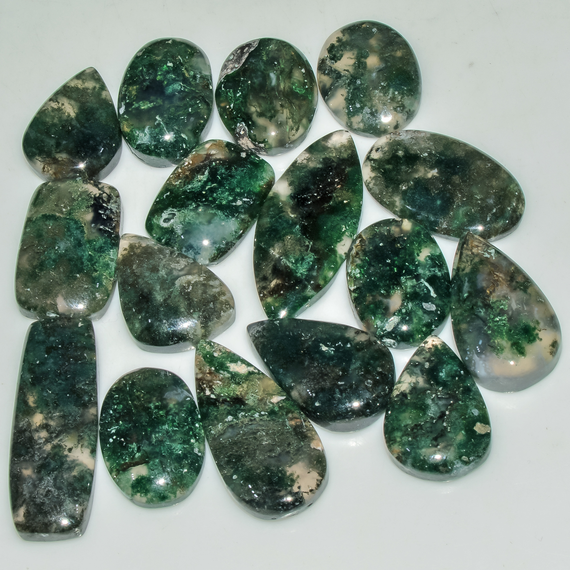 16 Pcs 195 Cts Natural Moss Agate Gemstone Cabochon Lot Green Crystals For Silver Jewelry 30x10 15x11mm 18209