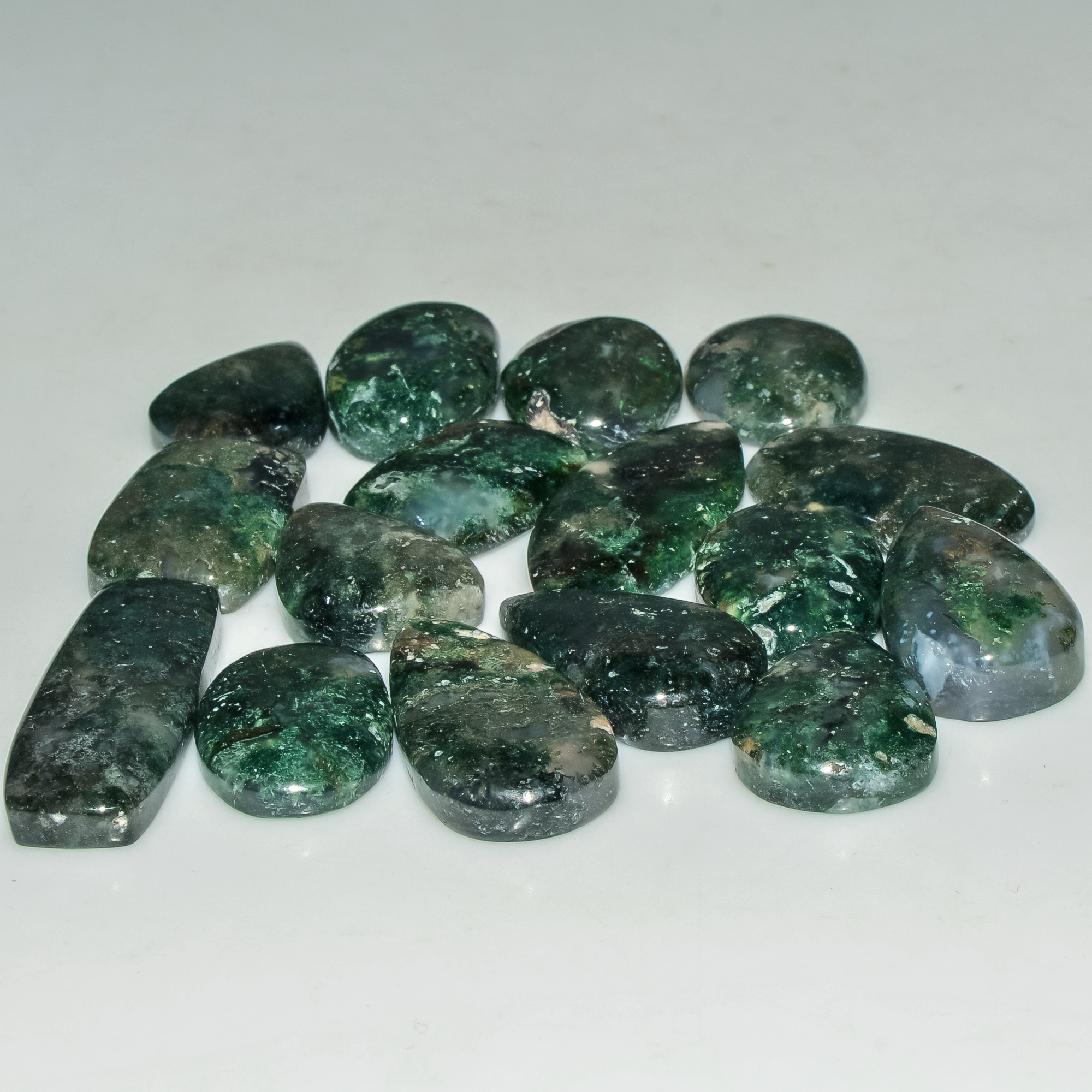16 Pcs 195 Cts Natural Moss Agate Gemstone Cabochon Lot Green Crystals For Silver Jewelry 30x10 15x11mm 18209