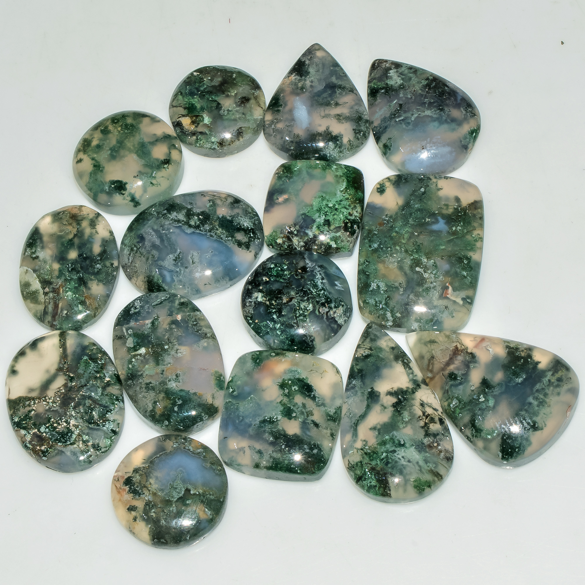 15 Pcs 223 Cts Natural Moss Agate Gemstone Cabochon Lot Green Crystals For Silver Jewelry 25x14 14x14mm 18210