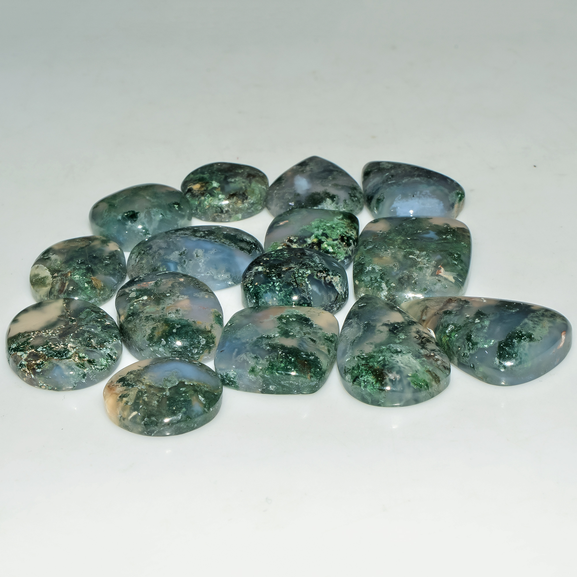 15 Pcs 223 Cts Natural Moss Agate Gemstone Cabochon Lot Green Crystals For Silver Jewelry 25x14 14x14mm 18210