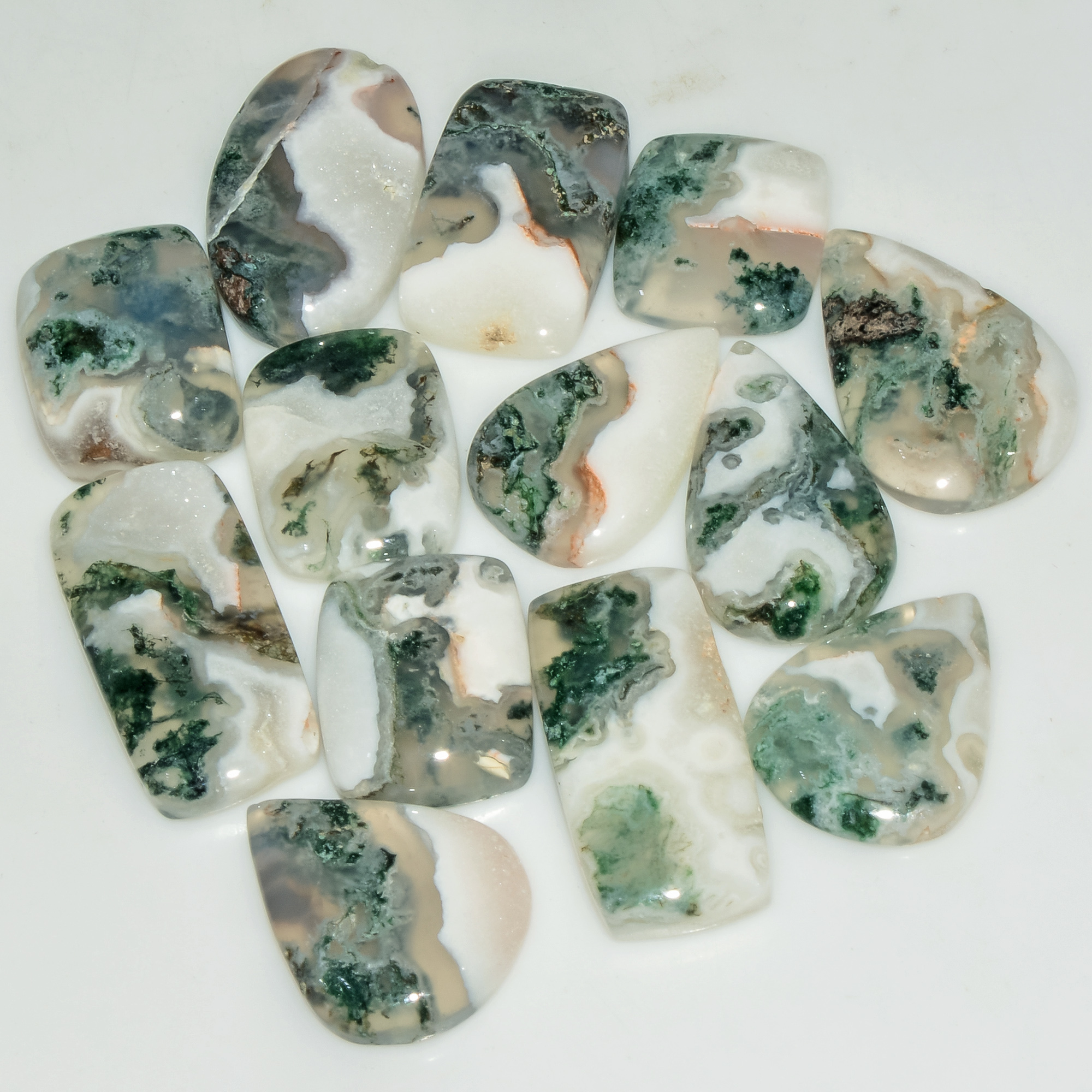 13 Pcs 146 Cts Natural Moss Agate Gemstone Cabochon Lot Green Crystals For Silver Jewelry 23x1013x12mm 18211