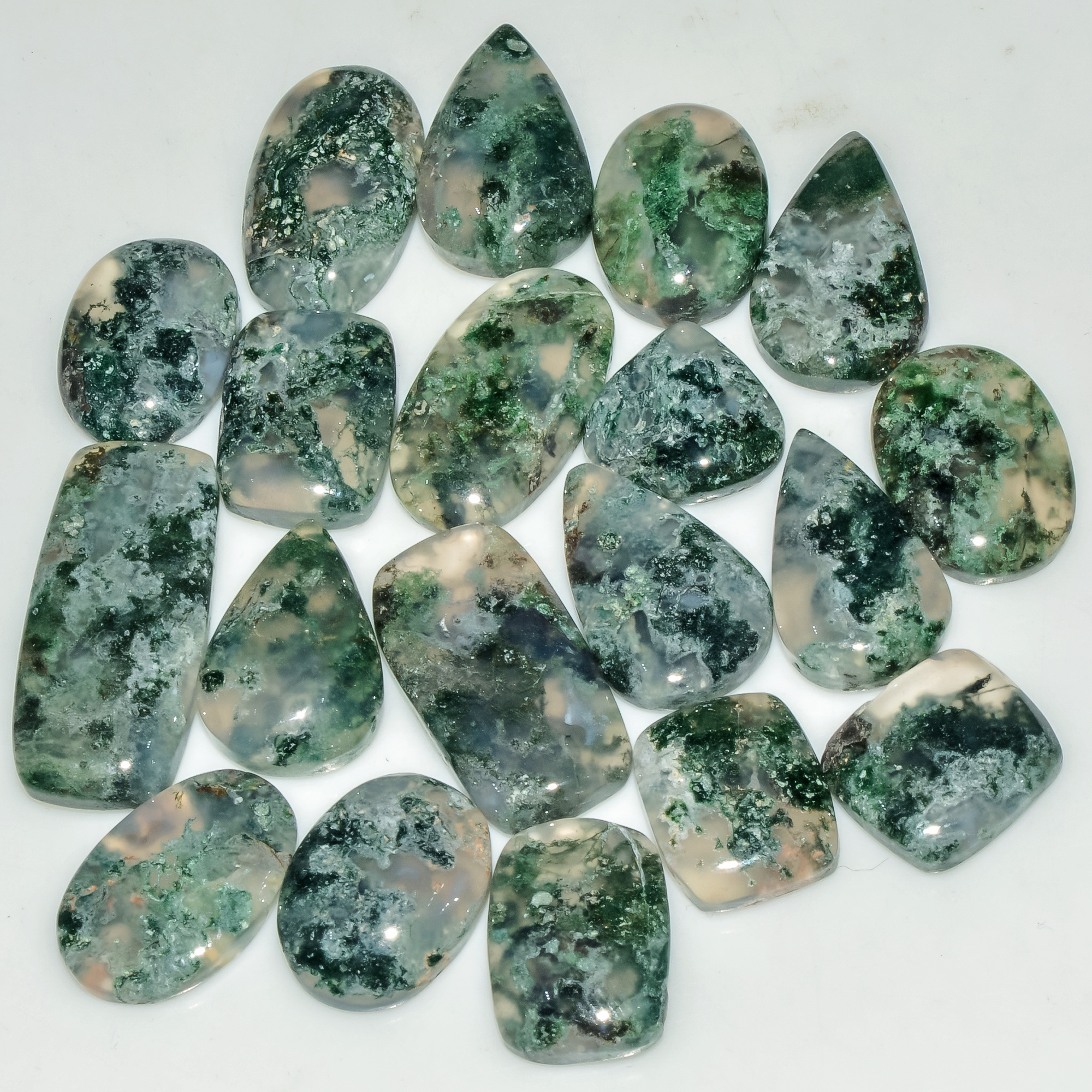 19 Pcs 186 Cts Natural Moss Agate Gemstone Cabochon Lot Green Crystals For Silver Jewelry 25x10 12x12mm 18212