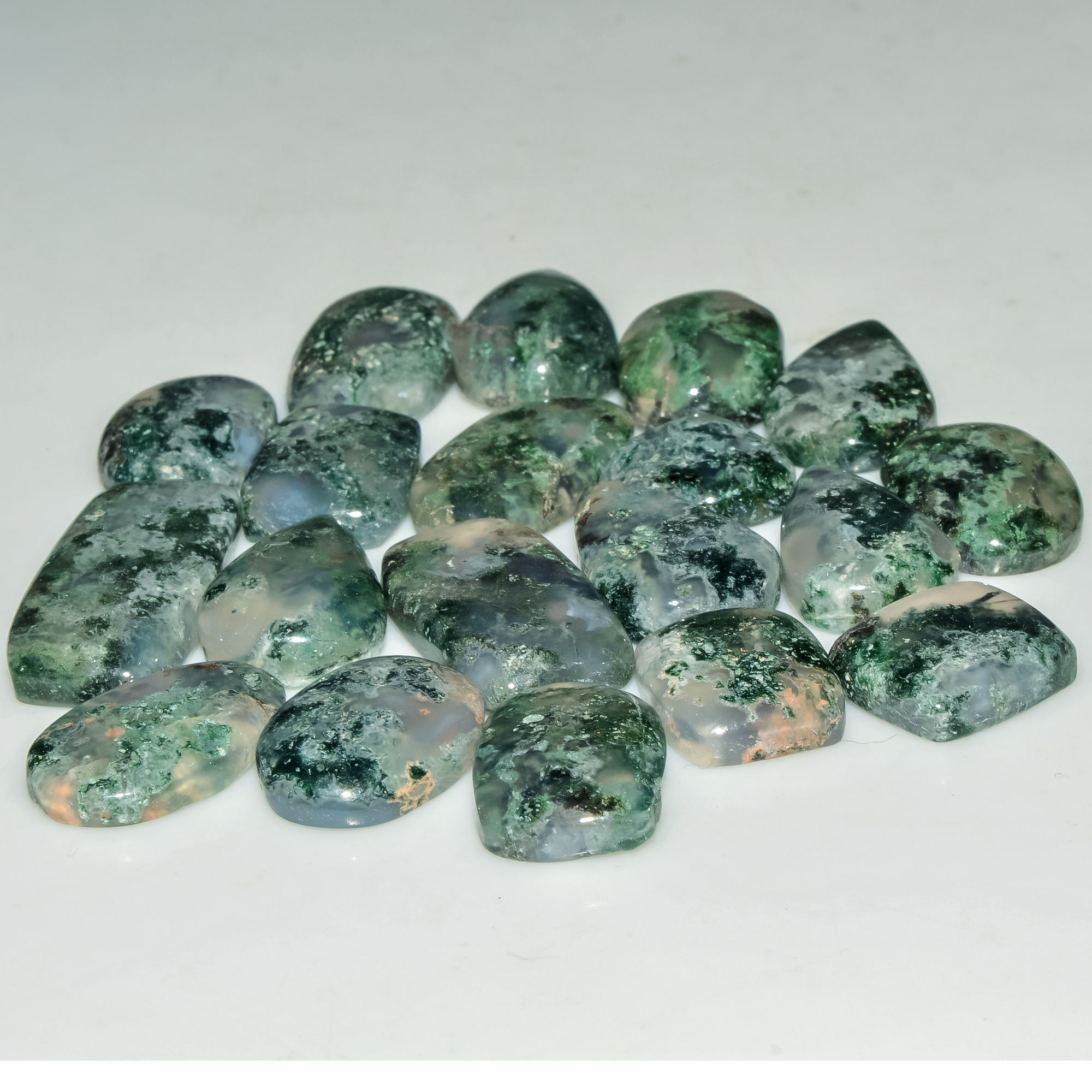 19 Pcs 186 Cts Natural Moss Agate Gemstone Cabochon Lot Green Crystals For Silver Jewelry 25x10 12x12mm 18212