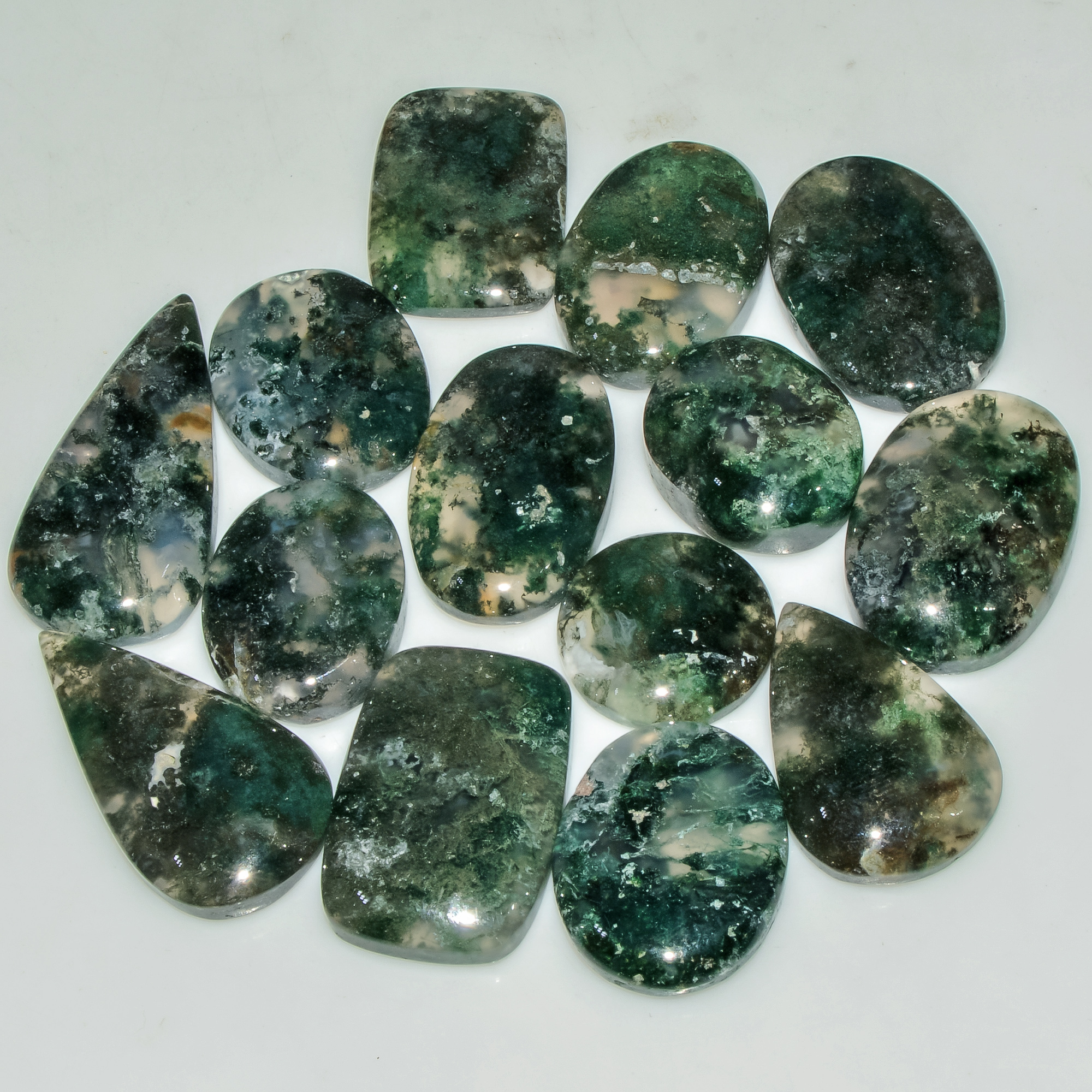 14 Pcs 195 Cts Natural Moss Agate Gemstone Cabochon Lot Green Crystals For Silver Jewelry 28x13 14x14mm 18213