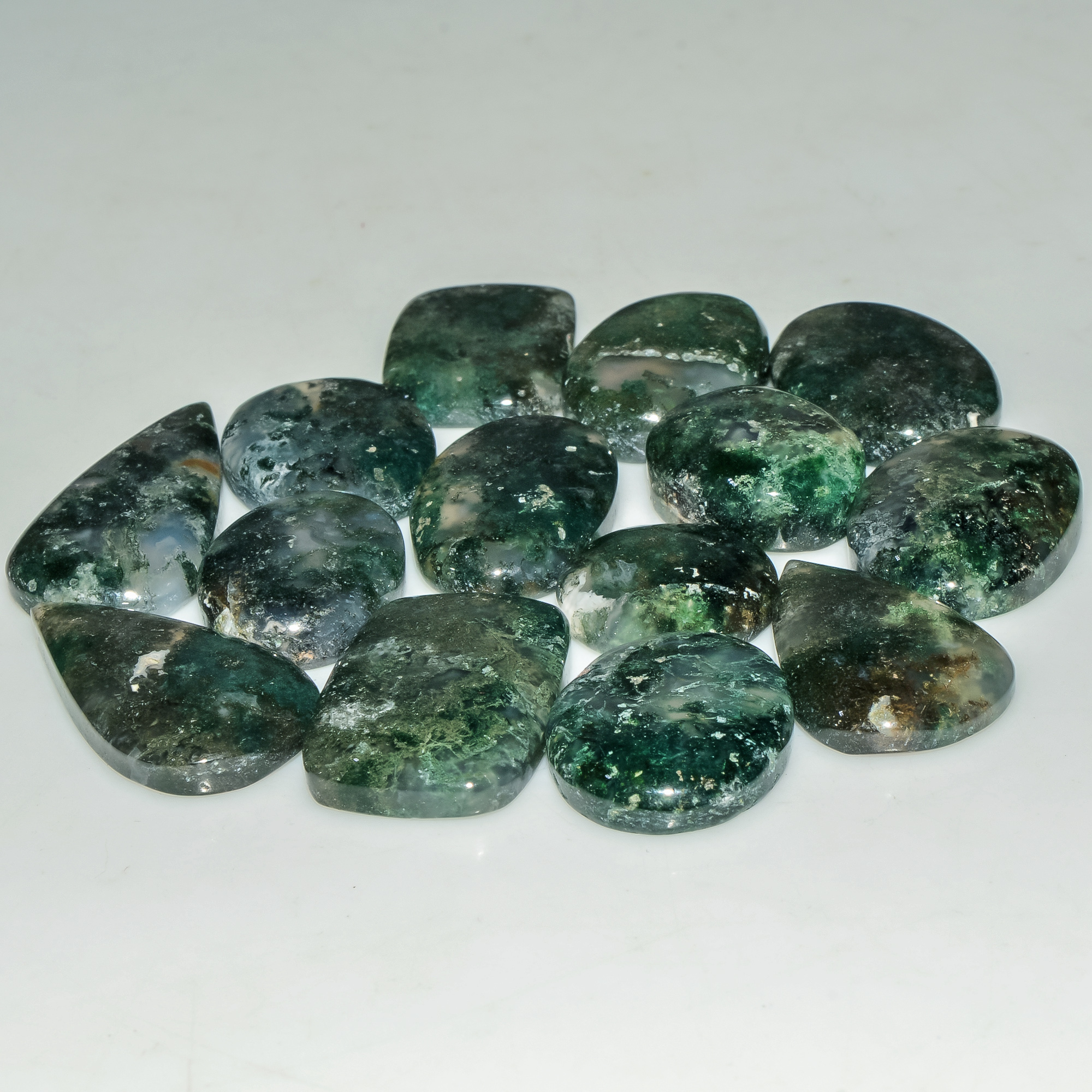 14 Pcs 195 Cts Natural Moss Agate Gemstone Cabochon Lot Green Crystals For Silver Jewelry 28x13 14x14mm 18213