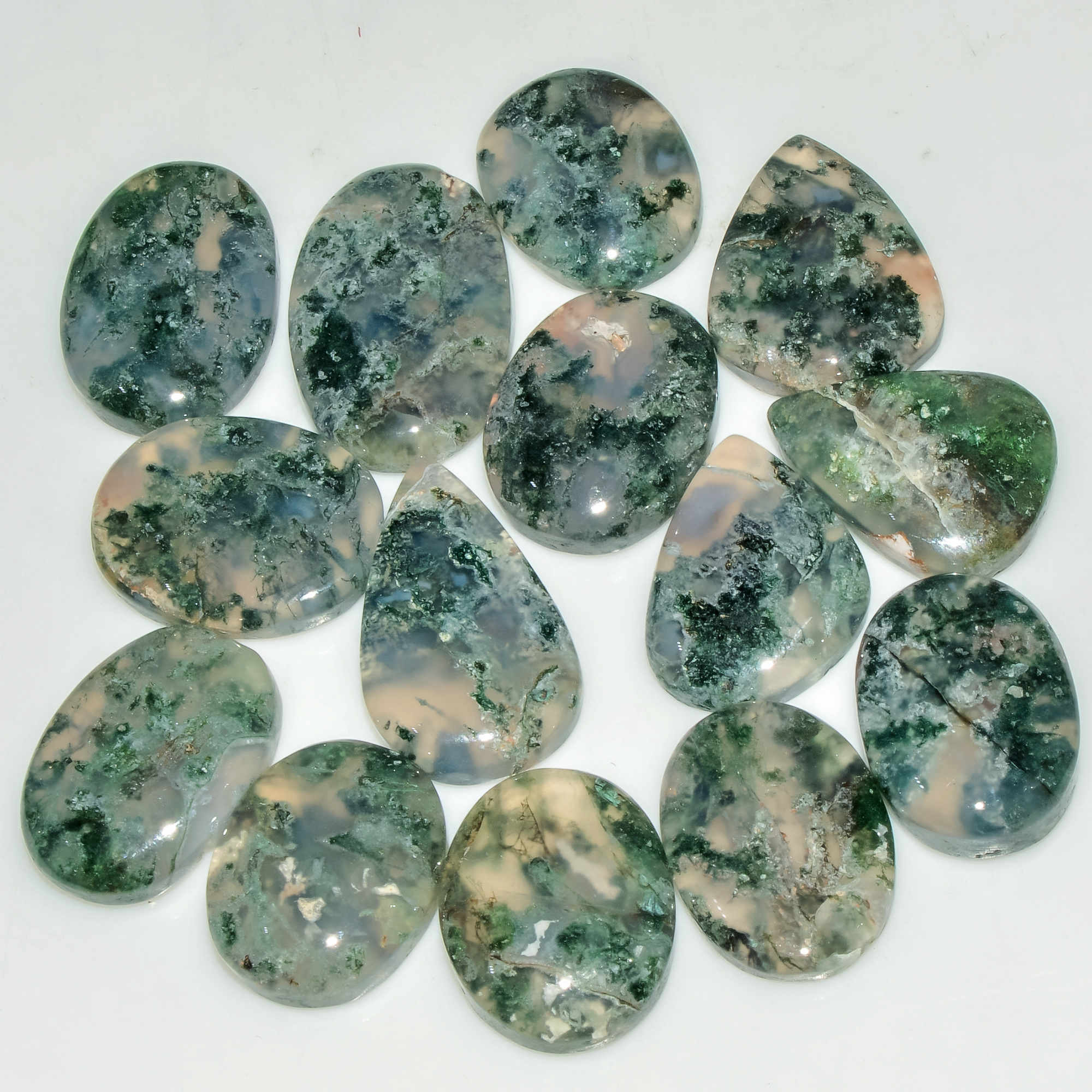 14 Pcs 186 Cts Natural Moss Agate Gemstone Cabochon Lot Green Crystals For Silver Jewelry 22x13 15x13mm 18214