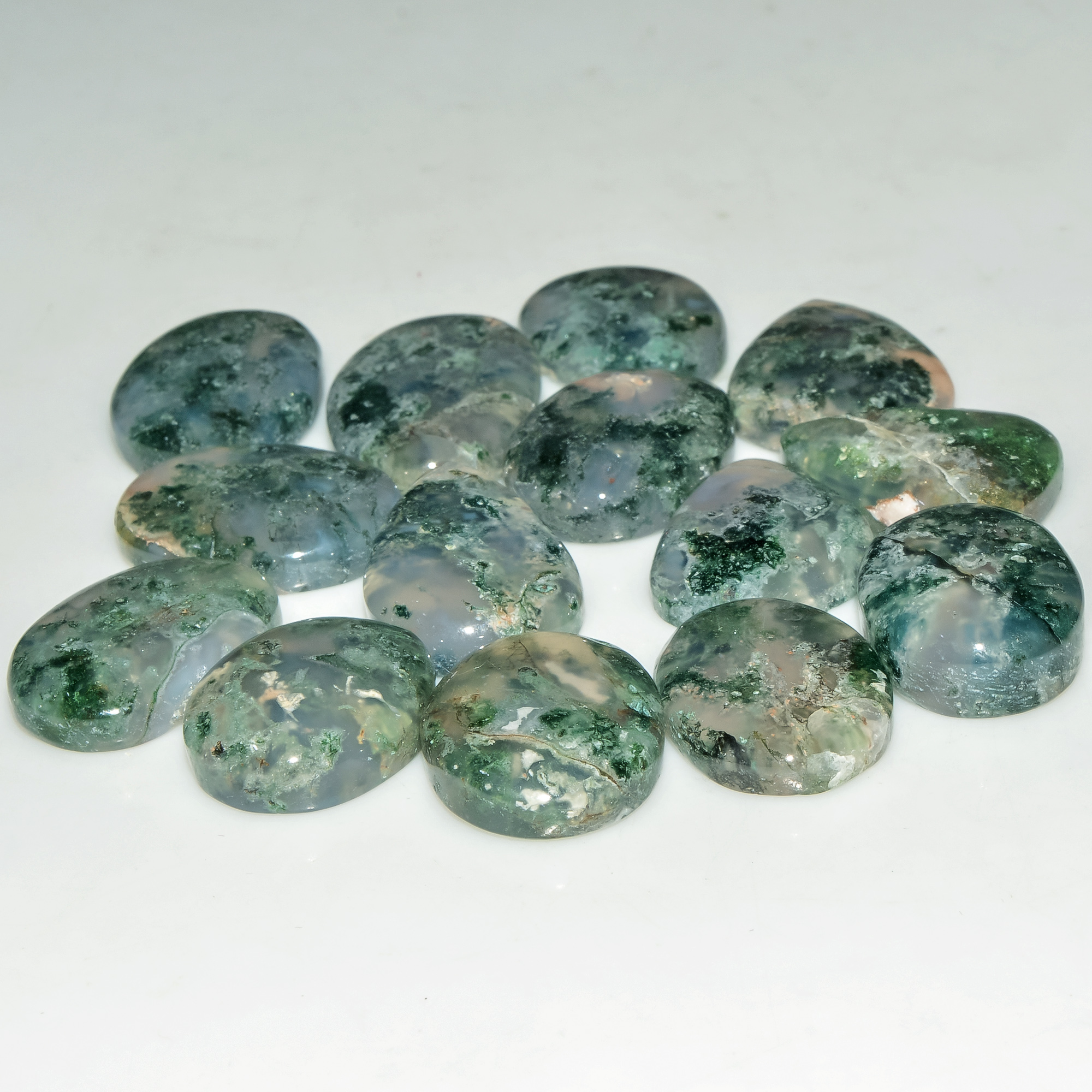14 Pcs 186 Cts Natural Moss Agate Gemstone Cabochon Lot Green Crystals For Silver Jewelry 22x13 15x13mm 18214