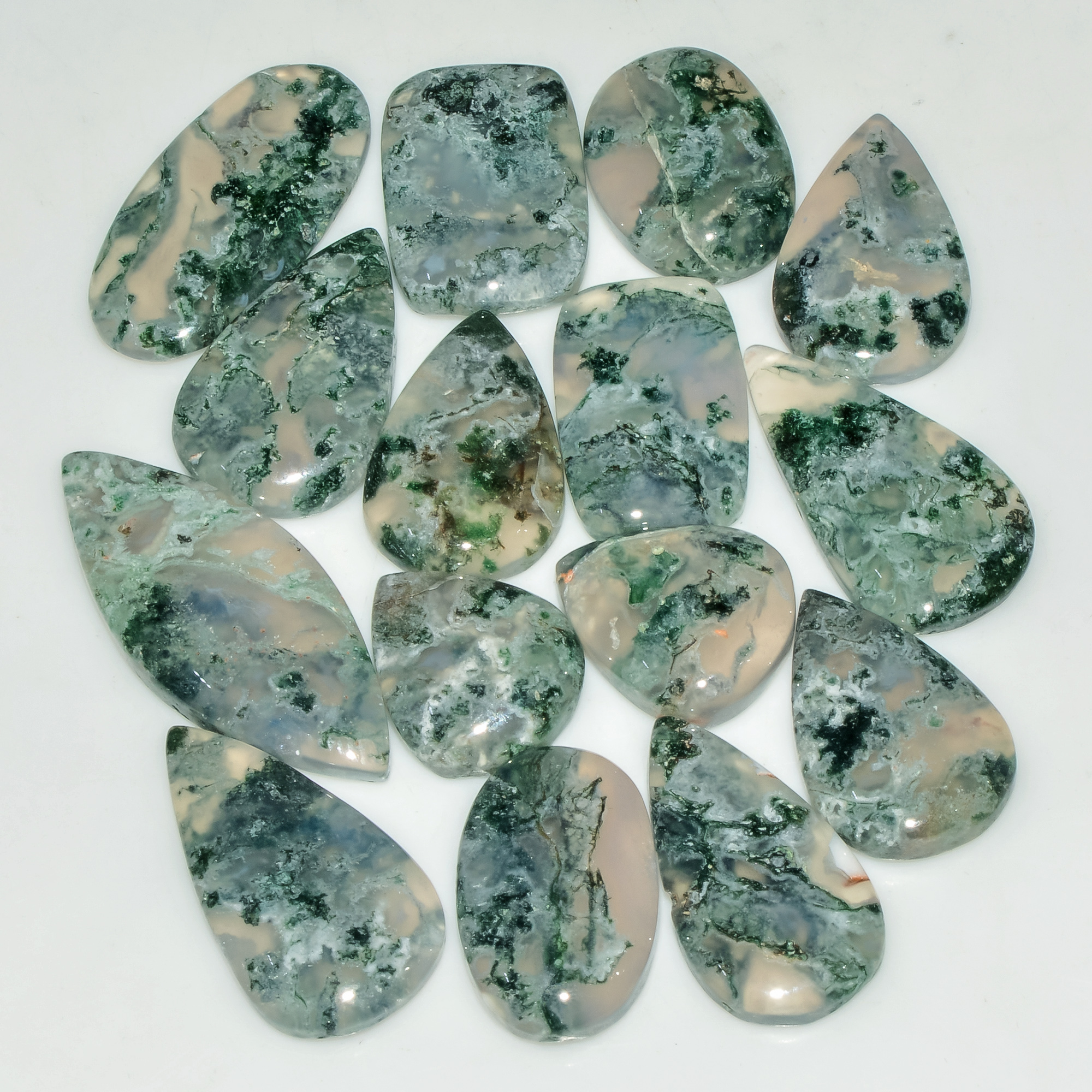 15 Pcs 154 Cts Natural Semi-Precious Gemstone Green Moss Agate Mixed Shapes 30x12 14x12mm 18215