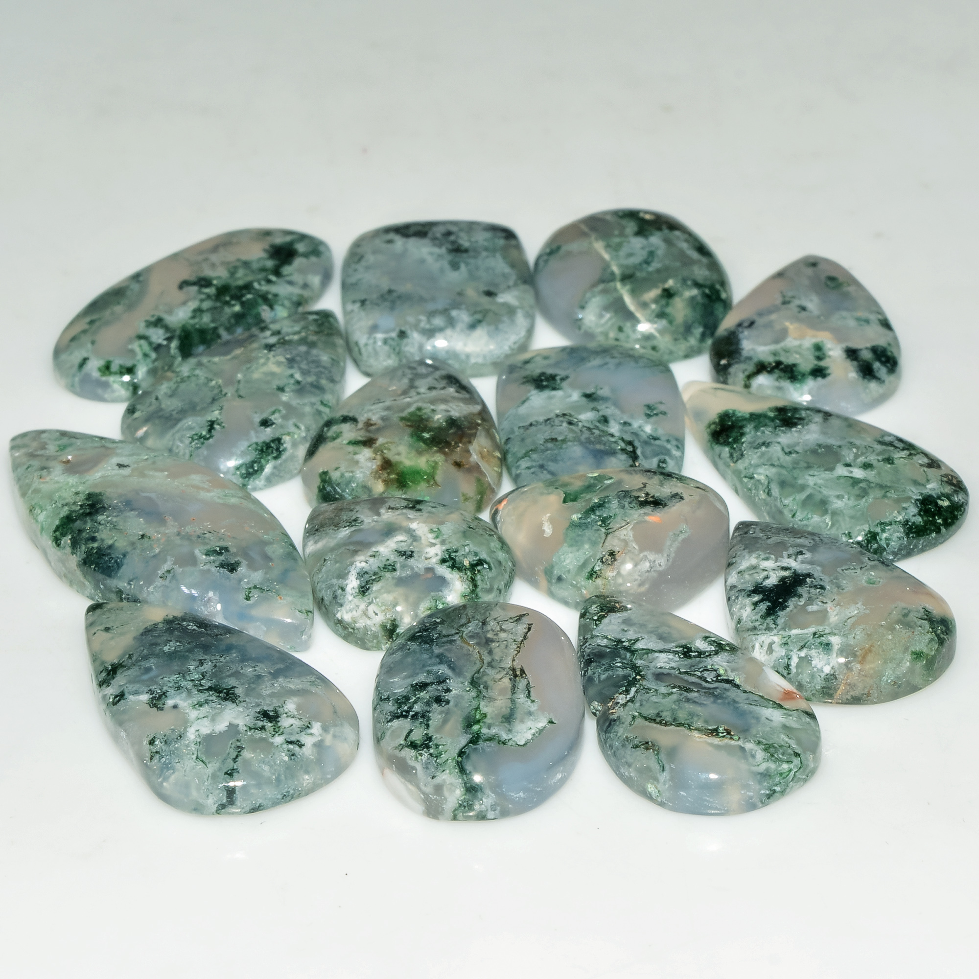 15 Pcs 154 Cts  Natural Semi-Precious Gemstone Green Moss Agate Mixed Shapes 30x12 14x12mm 18215