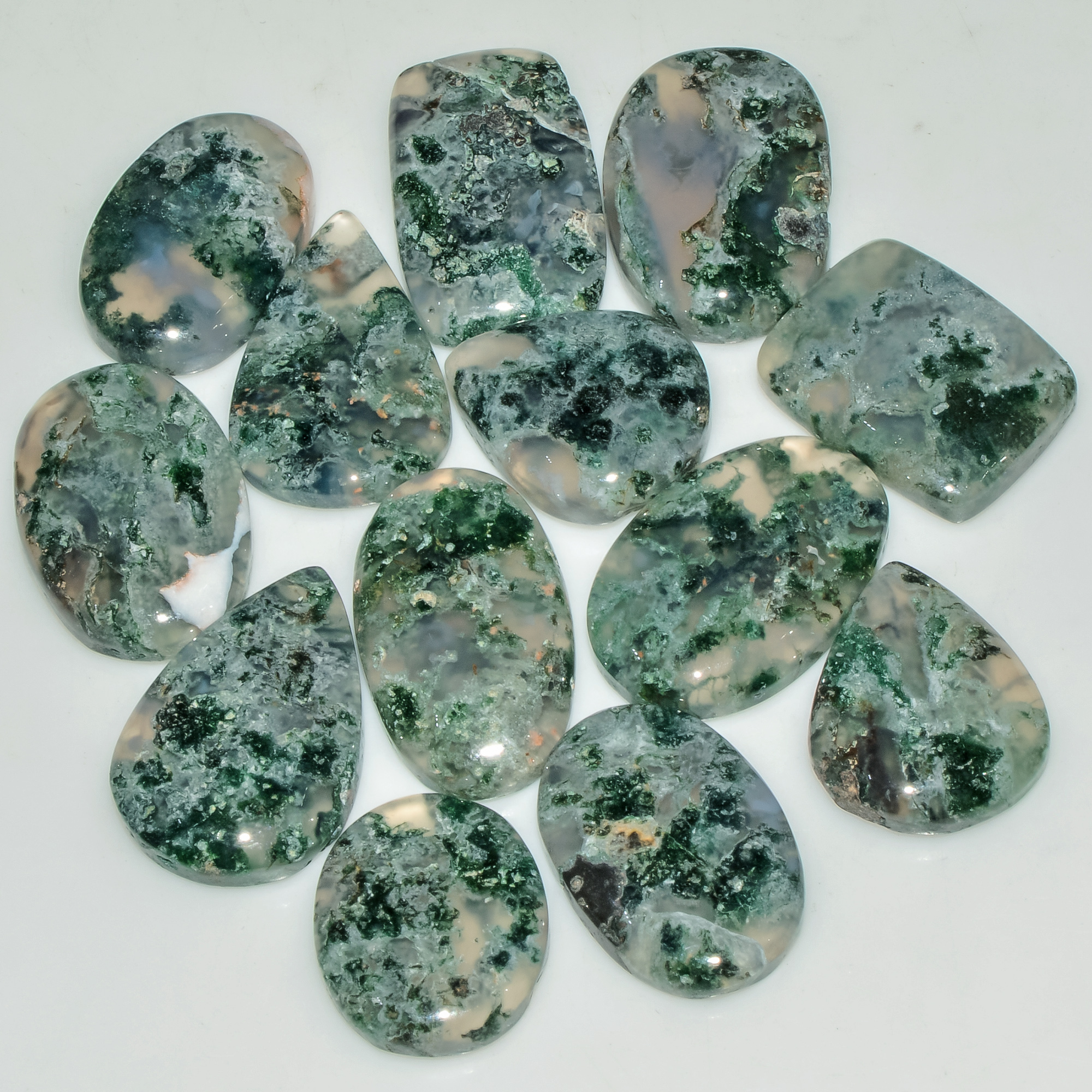 13 Pcs 189 Cts  Natural Semi-Precious Gemstone Green Moss Agate Mixed Shapes 24x13 16x14mm 18216