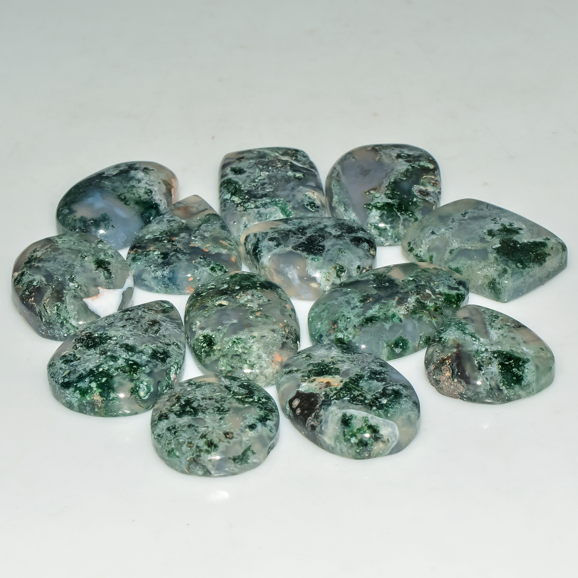 13 Pcs 189 Cts  Natural Semi-Precious Gemstone Green Moss Agate Mixed Shapes 24x13 16x14mm 18216