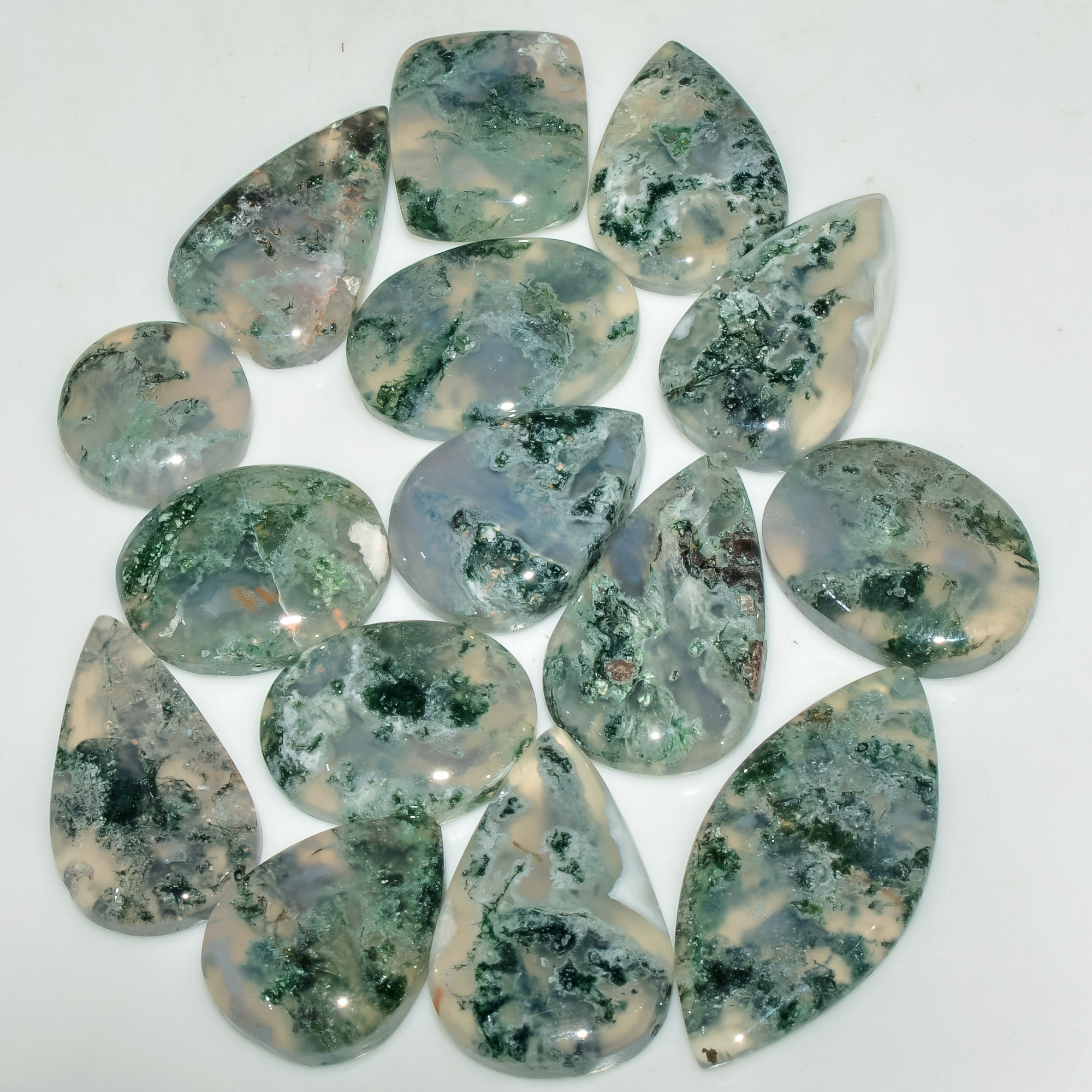 15 Pcs 199 Cts  Natural Semi-Precious Gemstone Green Moss Agate Mixed Shapes 30x14 12x12mm 18217