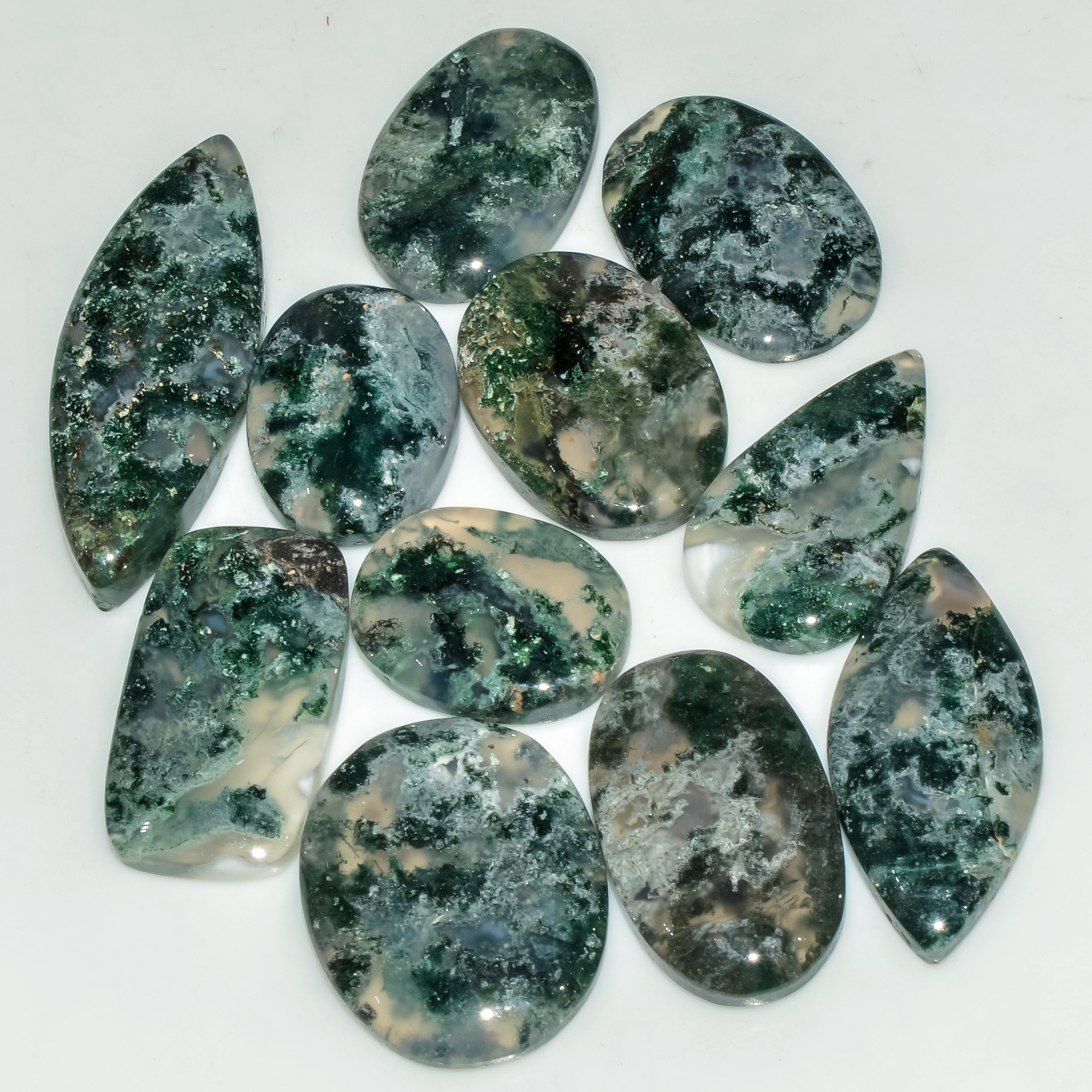 11 Pcs 185 Cts  Natural Semi-Precious Gemstone Green Moss Agate Mixed Shapes 36x13 18x14mm 18218