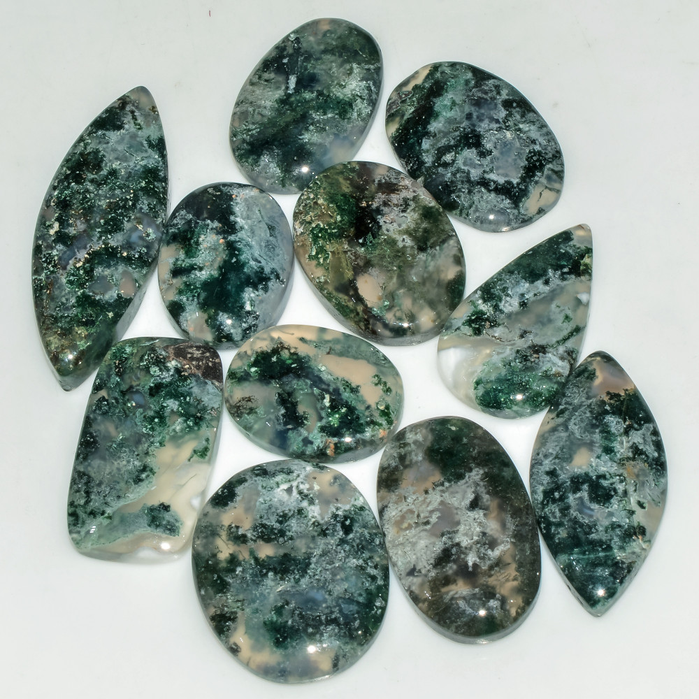 Image of 11 Pcs 185 Cts  Natural Semi-Precious Gemstone Green Moss Agate Mixed Shapes 36x13 18x14mm #18218