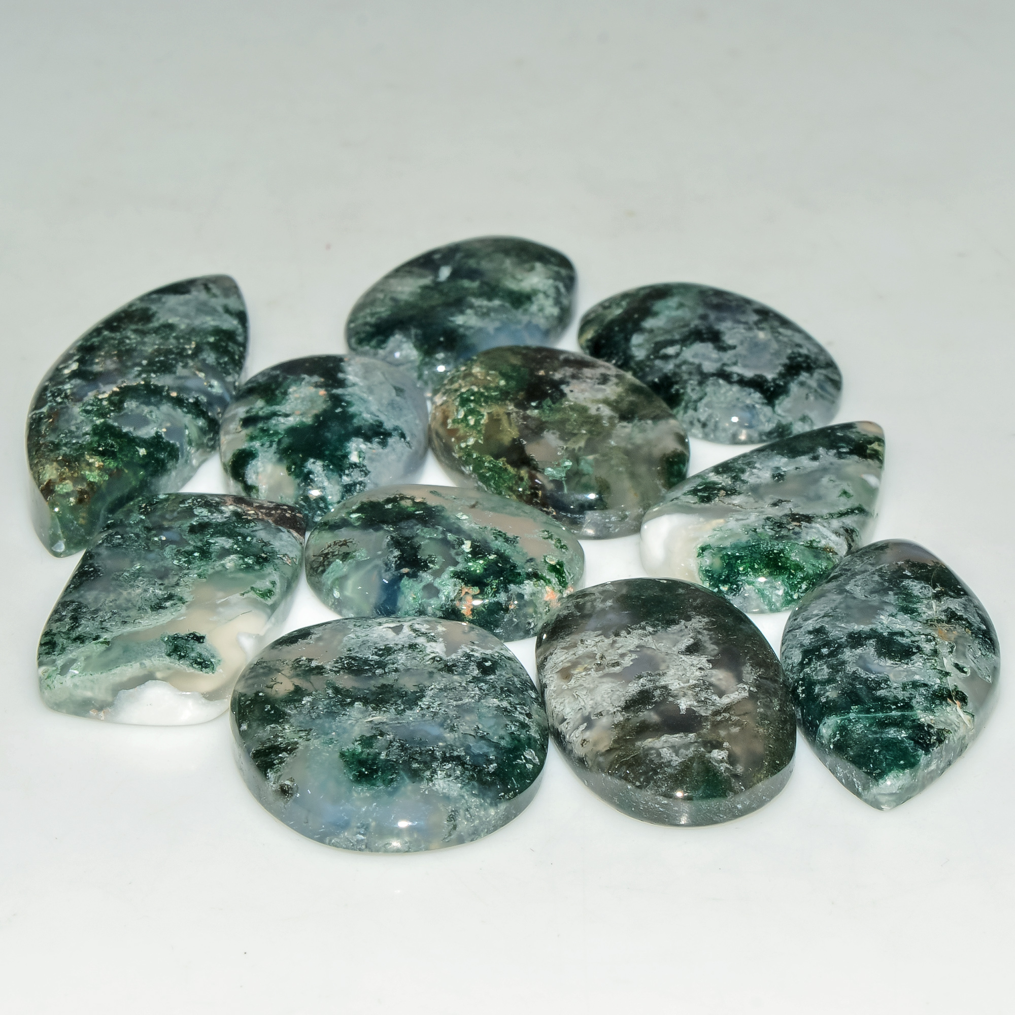11 Pcs 185 Cts Natural Semi-Precious Gemstone Green Moss Agate Mixed Shapes 36x13 18x14mm 18218