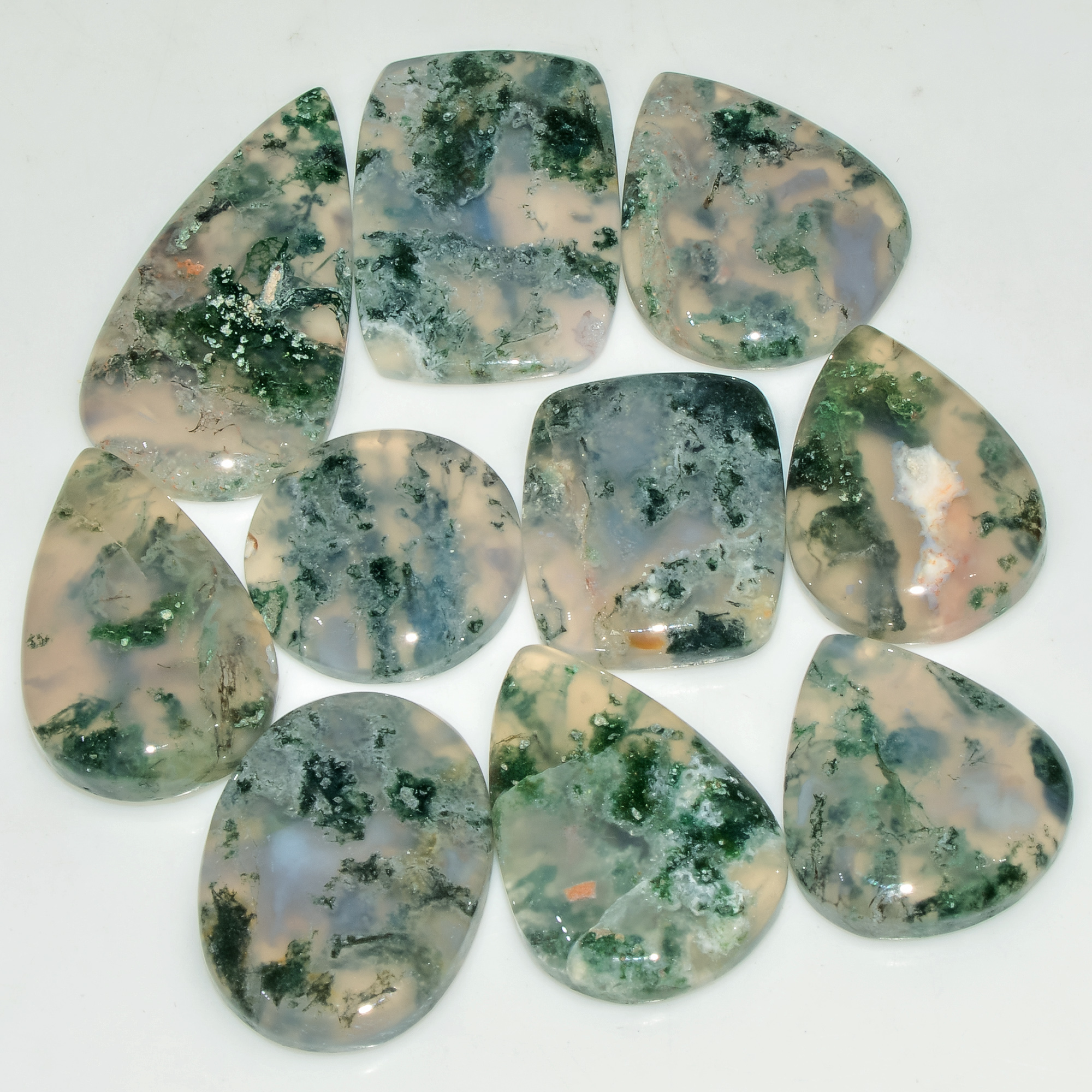 10 Pcs 168 Cts Natural Semi-Precious Gemstone Green Moss Agate Mixed Shapes 30x15 15x15mm 18219