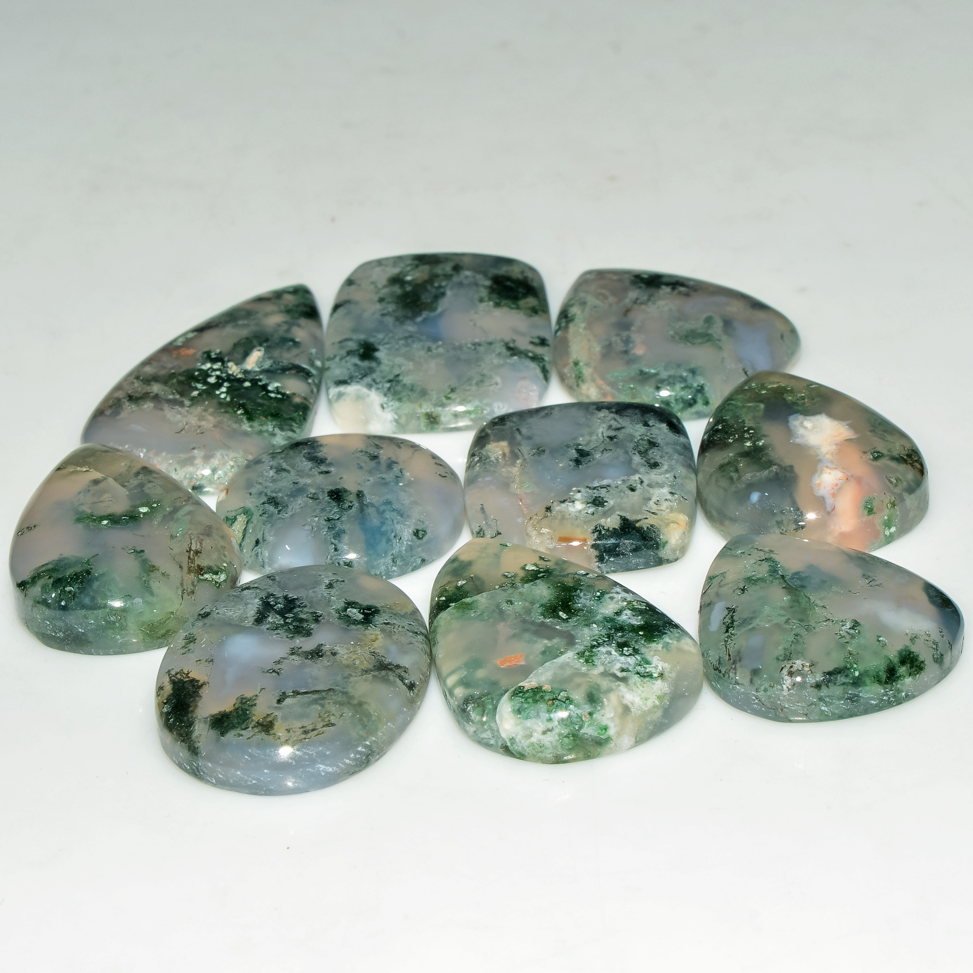 10 Pcs 168 Cts  Natural Semi-Precious Gemstone Green Moss Agate Mixed Shapes 30x15 15x15mm 18219