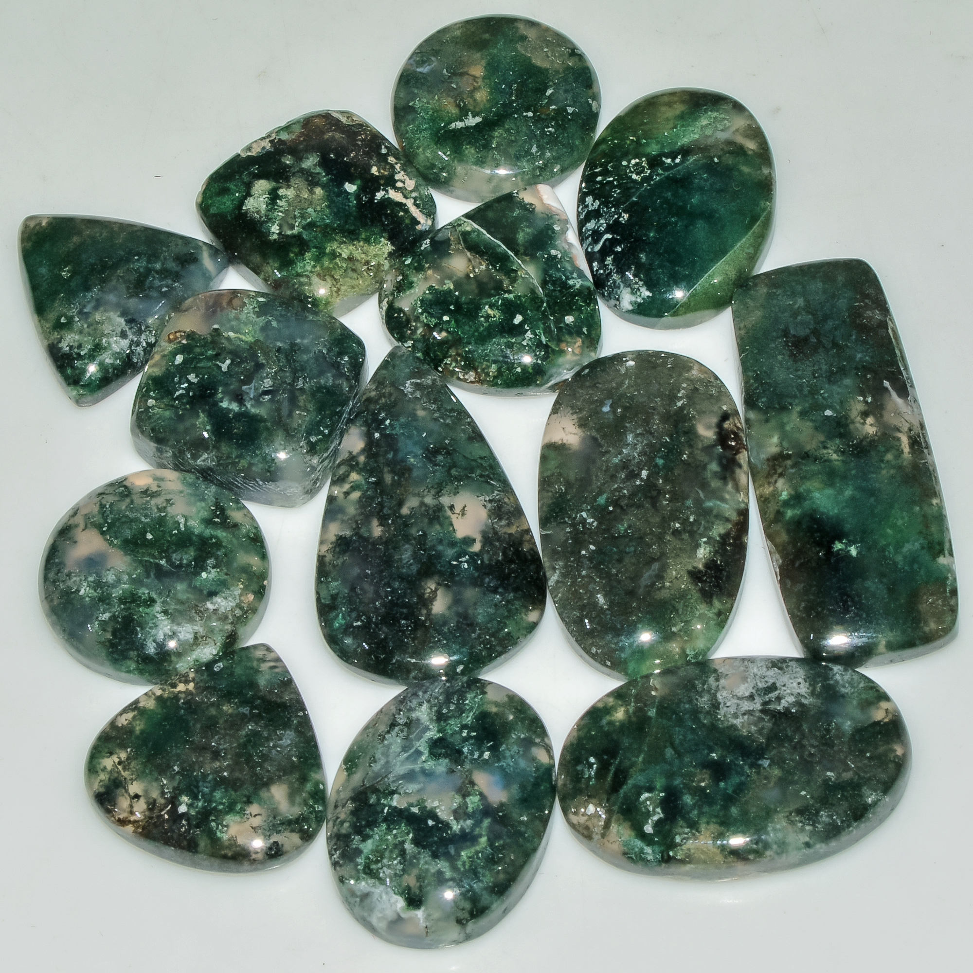 13 Pcs 227 Cts Natural Semi-Precious Gemstone Green Moss Agate Mixed Shapes 35x13 15x15mm 18220